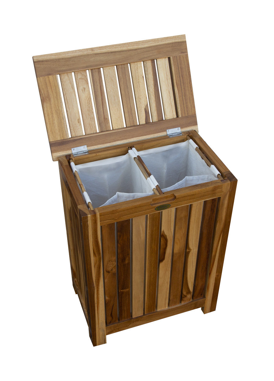 EcoDecors® Eleganto® 18" Teak Wood Double Laundry Storage Hamper with Removable Bags in EarthyTeak Finish