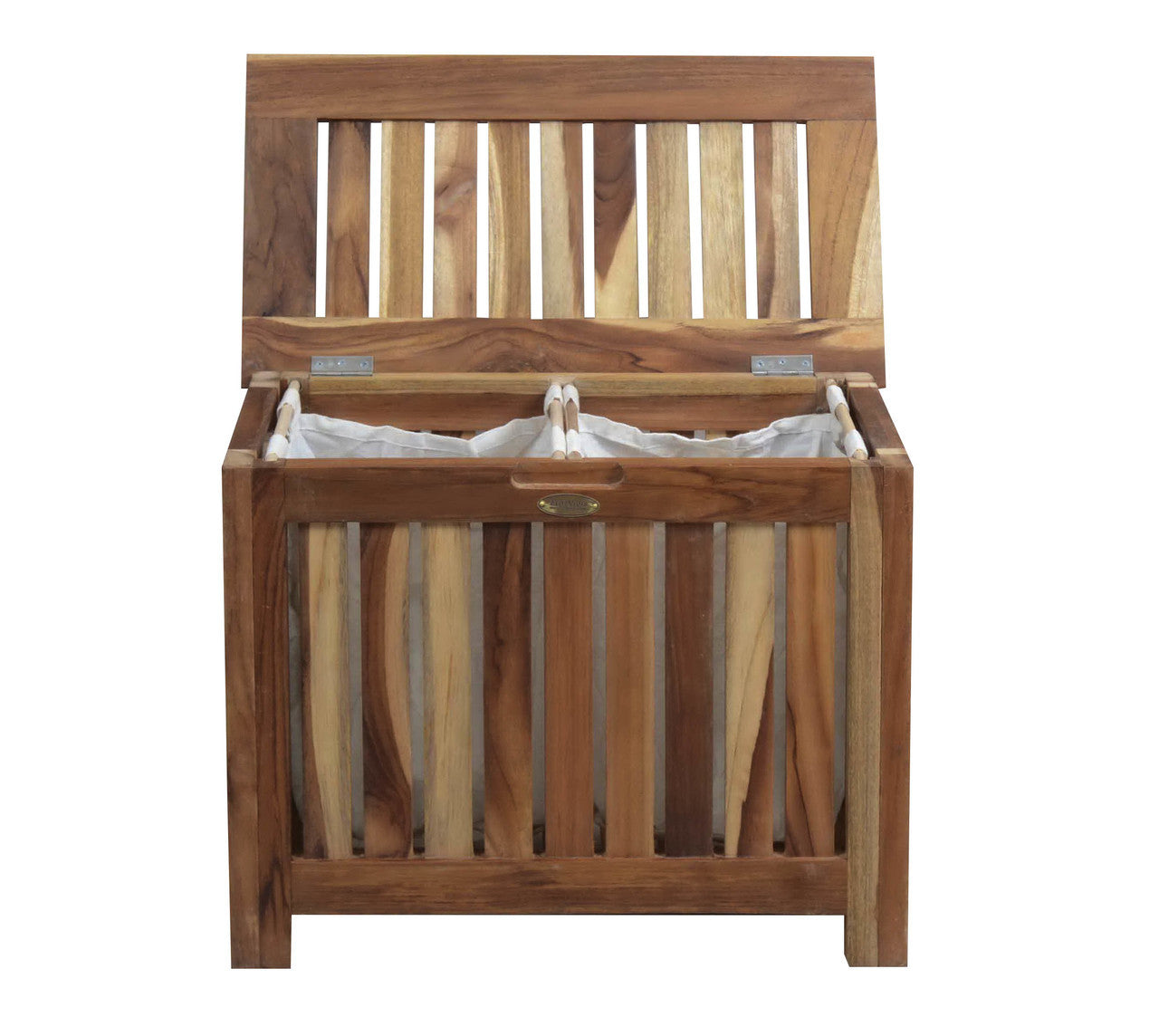 EcoDecors® Eleganto® 23" Wide Teak Wood Double Laundry Storage Hamper with Removable Bags in EarthyTeak® Finish