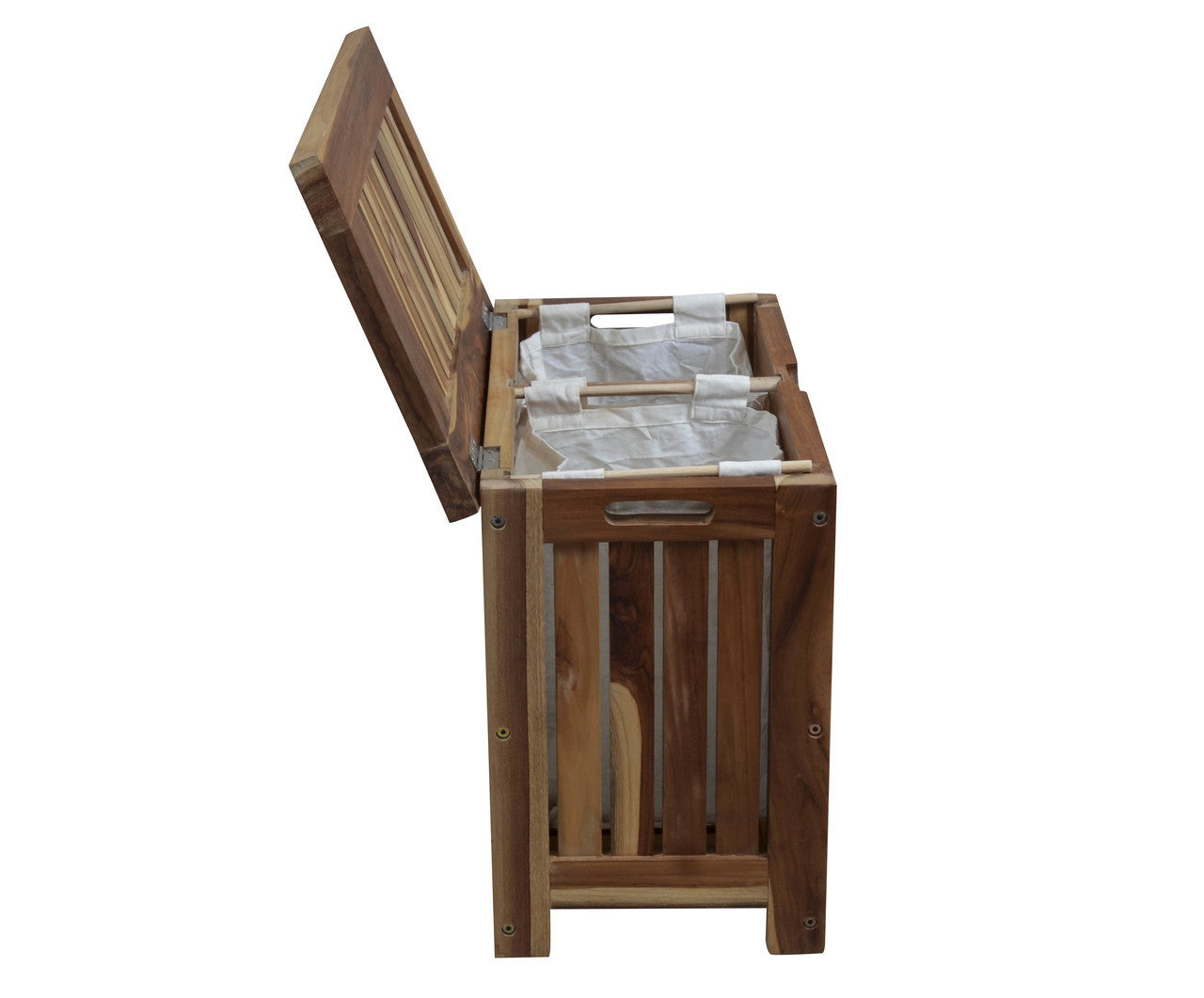 EcoDecors® Eleganto® 23" Wide Teak Wood Double Laundry Storage Hamper with Removable Bags in EarthyTeak® Finish