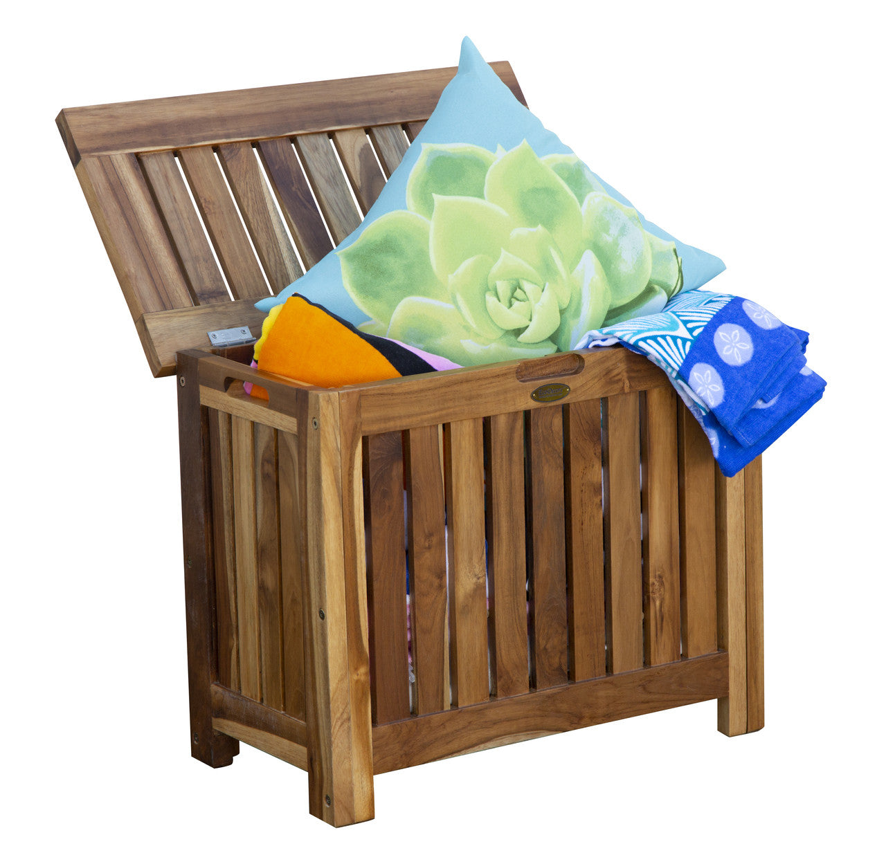 EcoDecors® Eleganto® 23" Wide Teak Wood Double Laundry Storage Hamper with Removable Bags in EarthyTeak® Finish