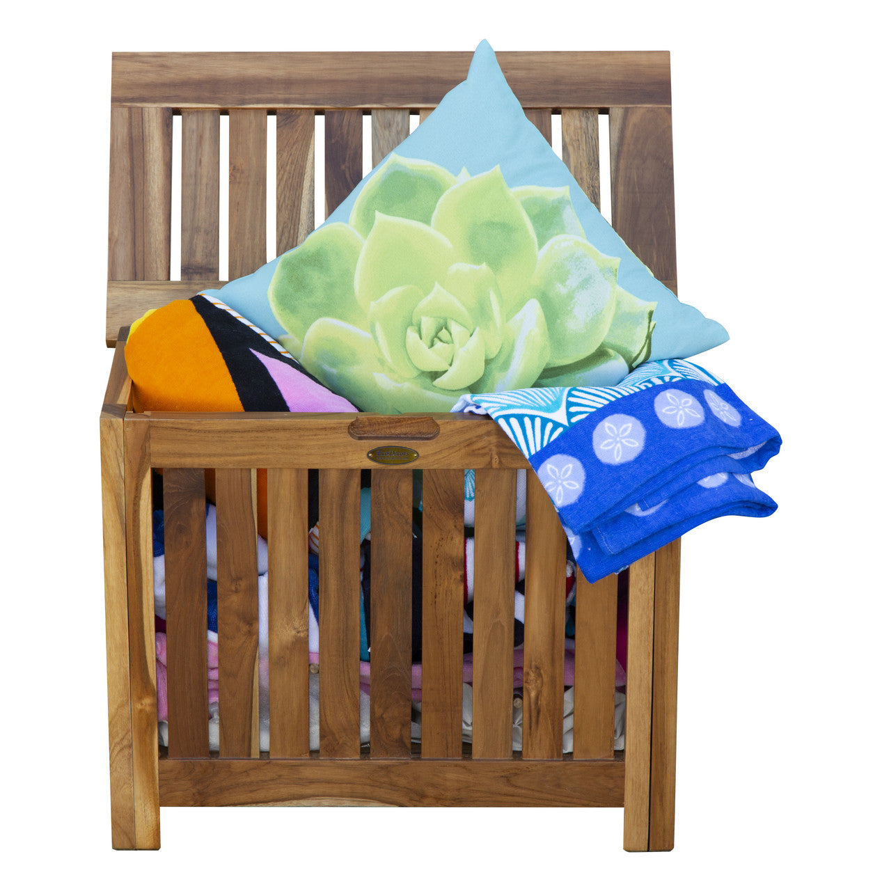 EcoDecors® Eleganto® 23" Wide Teak Wood Double Laundry Storage Hamper with Removable Bags in EarthyTeak® Finish
