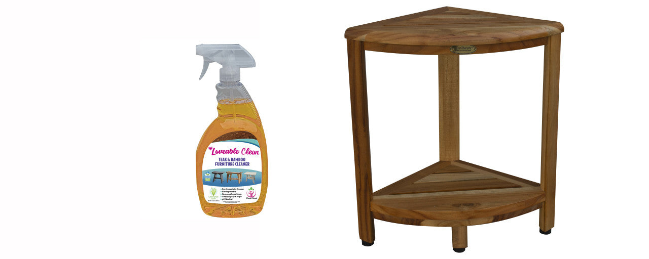 EcoDecors® SnazzyCorner® 18" Teak Wood Corner Shower Bench with Shelf in EarthyTeak Finish With 32 oz. Loveable Teak Cleaner
