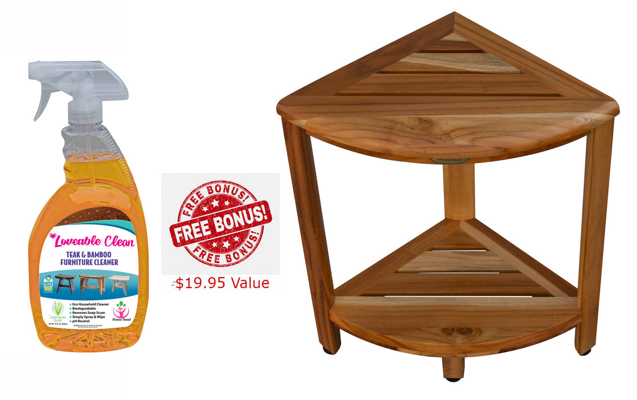 EcoDecors® SnazzyCorner® 18" Teak Wood Corner Shower Bench with Shelf in EarthyTeak Finish With 32 oz. Loveable Teak Cleaner