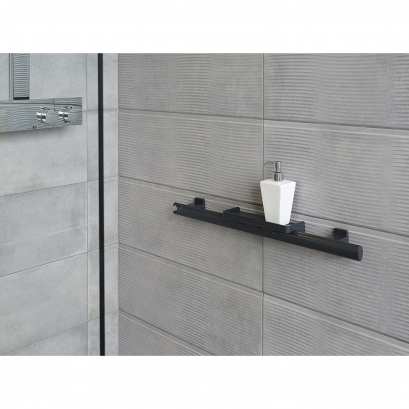 Ebony gray Ellipso grab bar with removable shelf with 4 hooks and shower hand held faucet holder