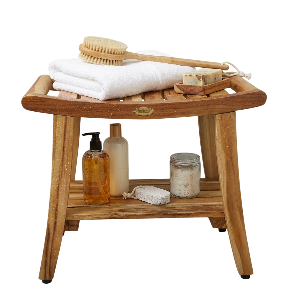 EcoDecors® Harmony® 24" Teak Wood Shower Bench with Shelf and LiftAide® Arms in EarthyTeak Finish