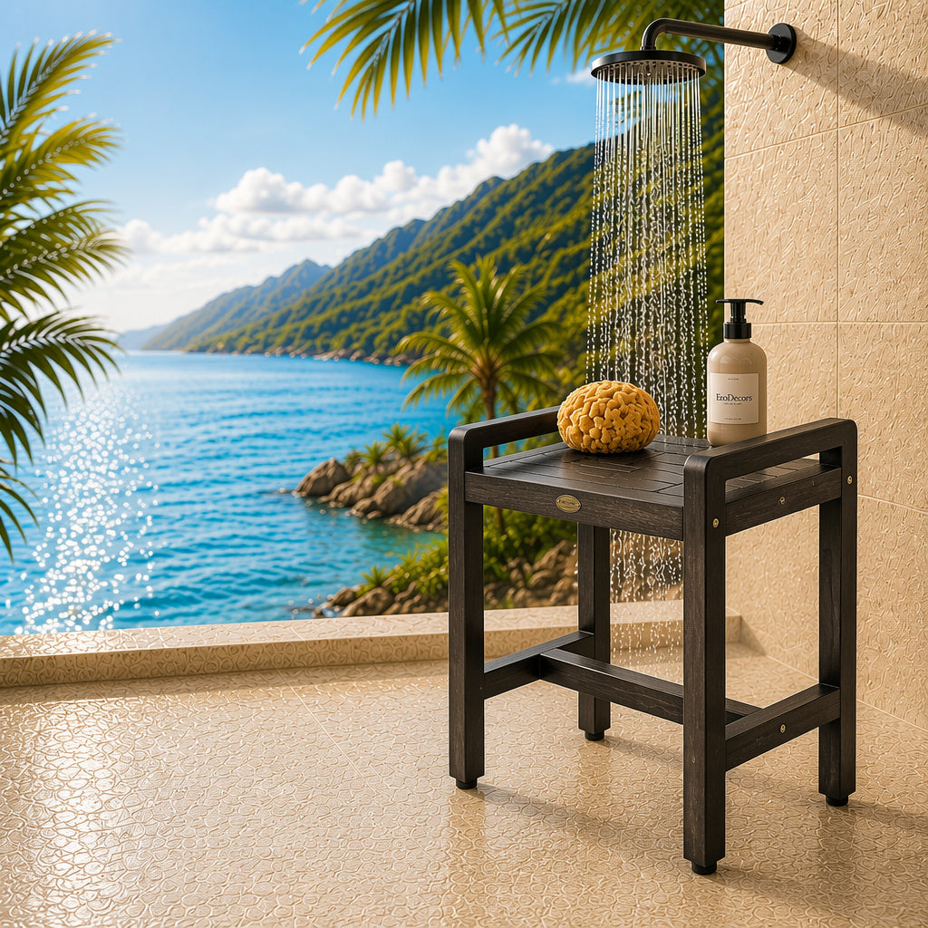 DecoTeak® Eleganto® 20" Teak Wood Shower Bench with LiftAide® Arms in Woodland Brown Finish