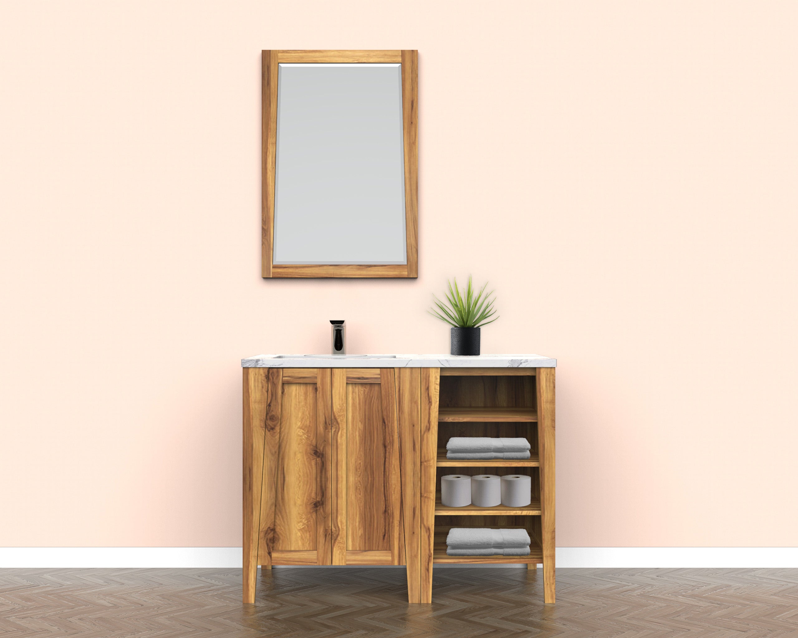 EcoDecors® Significado® 24" Teak Wood Bathroom Vanity - ignifiacado® 18”L Modular Compact Side Vanity with Shelves- Significado® 24" x 35" Teak Wood Wall Mirror