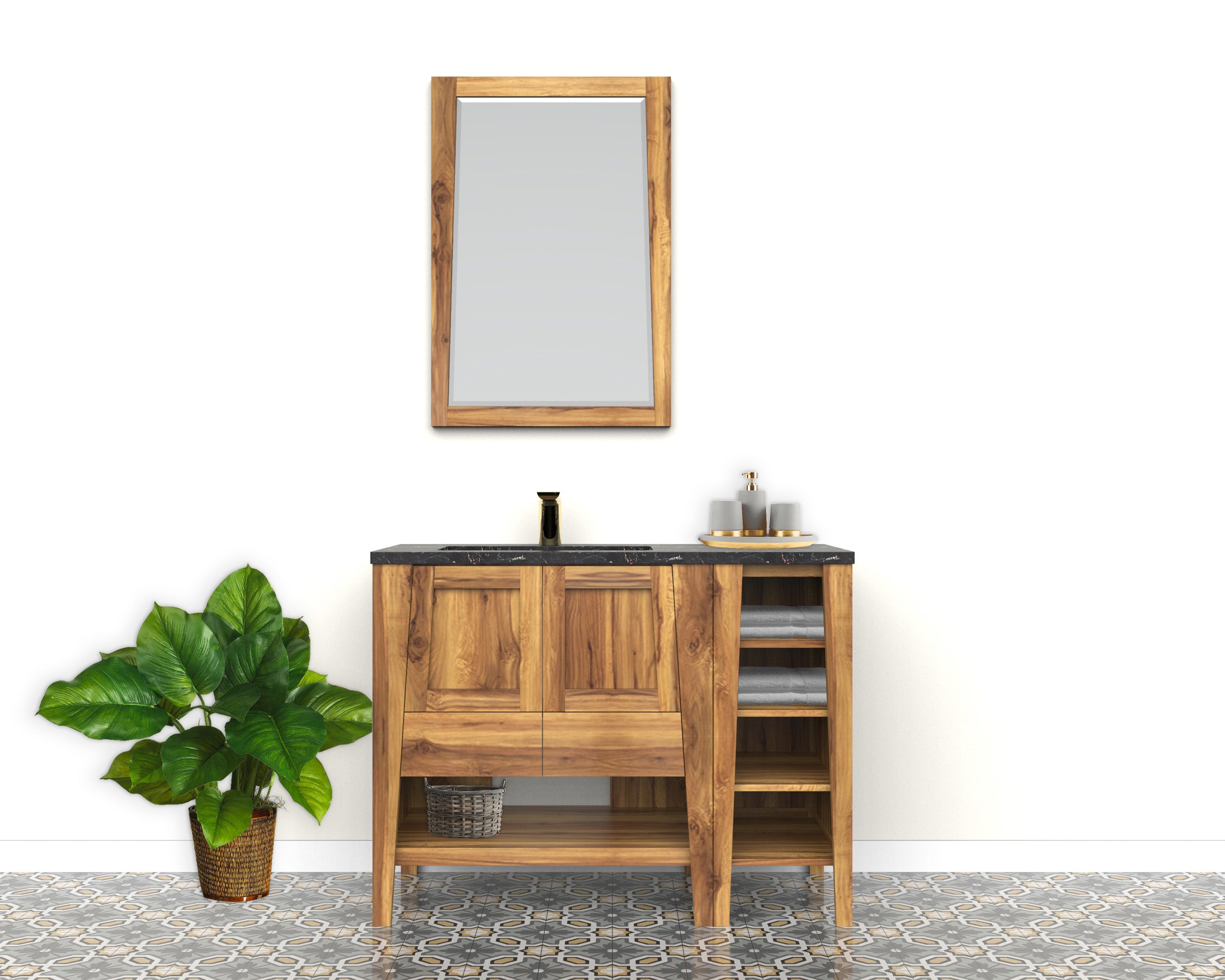 Significado® 30" Teak Wood Bathroom Vanity -  Signifiacado® 12”L Modular Compact Side Vanity with Shelves - Significado® 24" x 35" Teak Wood Wall Mirror