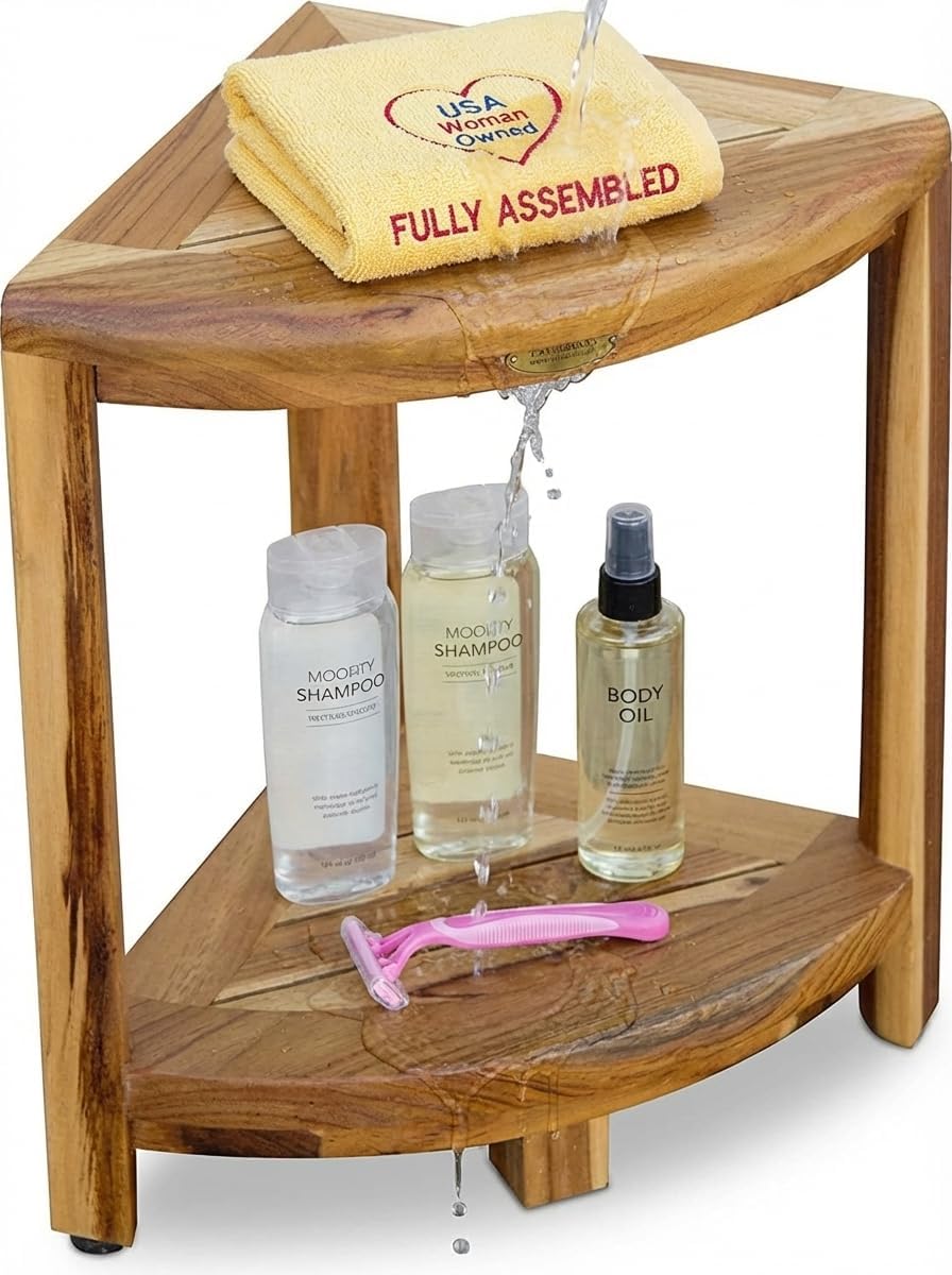 EcoDecors® SnazzyCorner® 18" Teak Wood Corner Shower Bench with Shelf in EarthyTeak Finish, Fully Assembled, Corner Seat for Bathroom & Outdoor Use