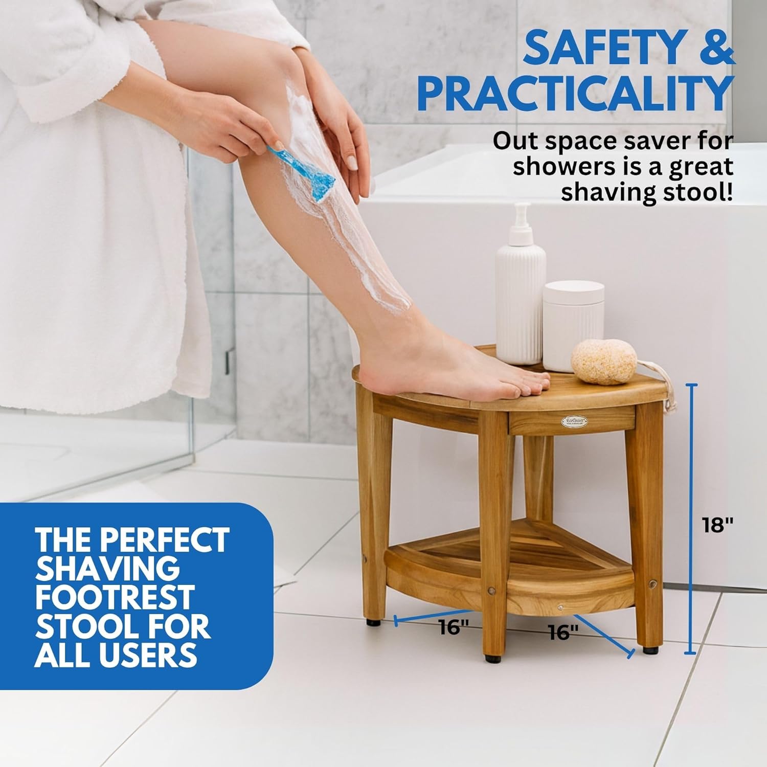 EcoDecors® SnazzyCorner® 18"H Teak Wood Corner Shower Bench with Shelf in EarthyTeak Finish