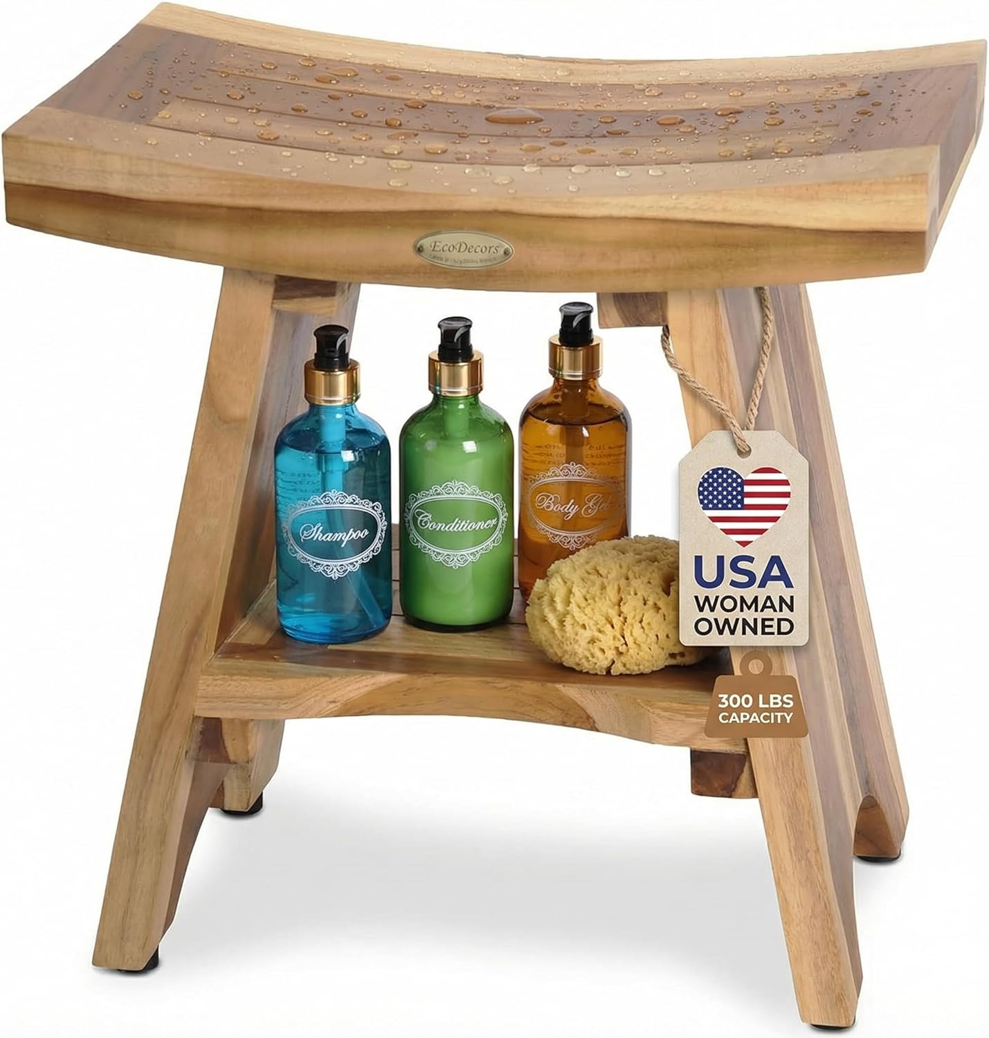 EcoDecors® Serenity® 18" Teak Wood Shower Bench with Shelf in EarthyTeak Finish