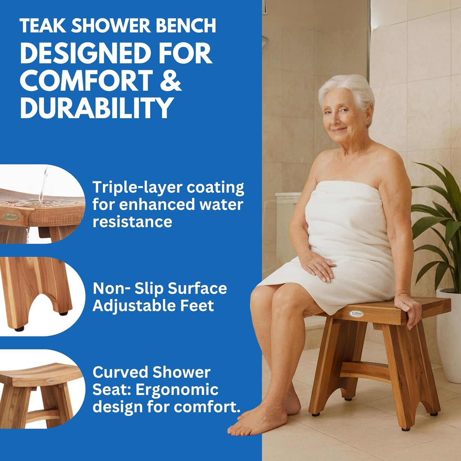 EcoDecors® Serenity® 18" Teak Wood Shower Bench in EarthyTeak Finish