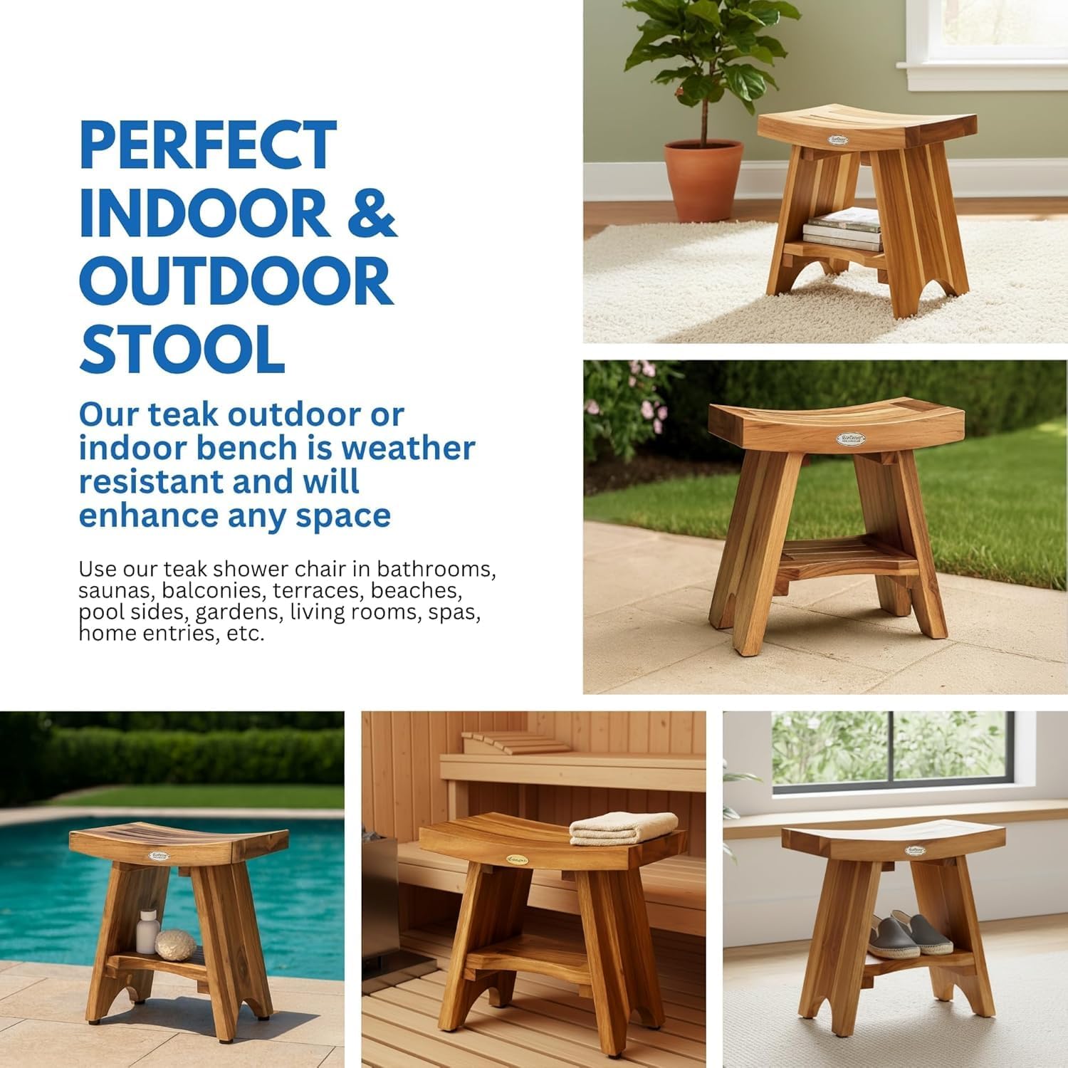 EcoDecors® Serenity® 18" Teak Wood Shower Bench with Shelf in EarthyTeak Finish