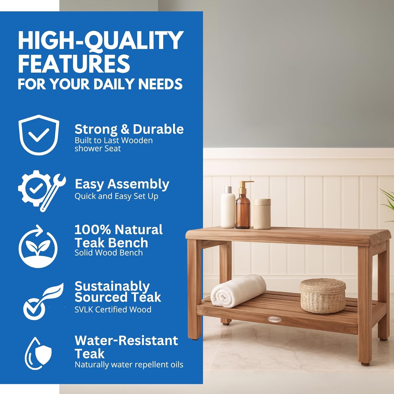 EcoDecors® Eleganto® 36" Teak Wood Shower Bench with Shelf in EarthyTeak® Finish