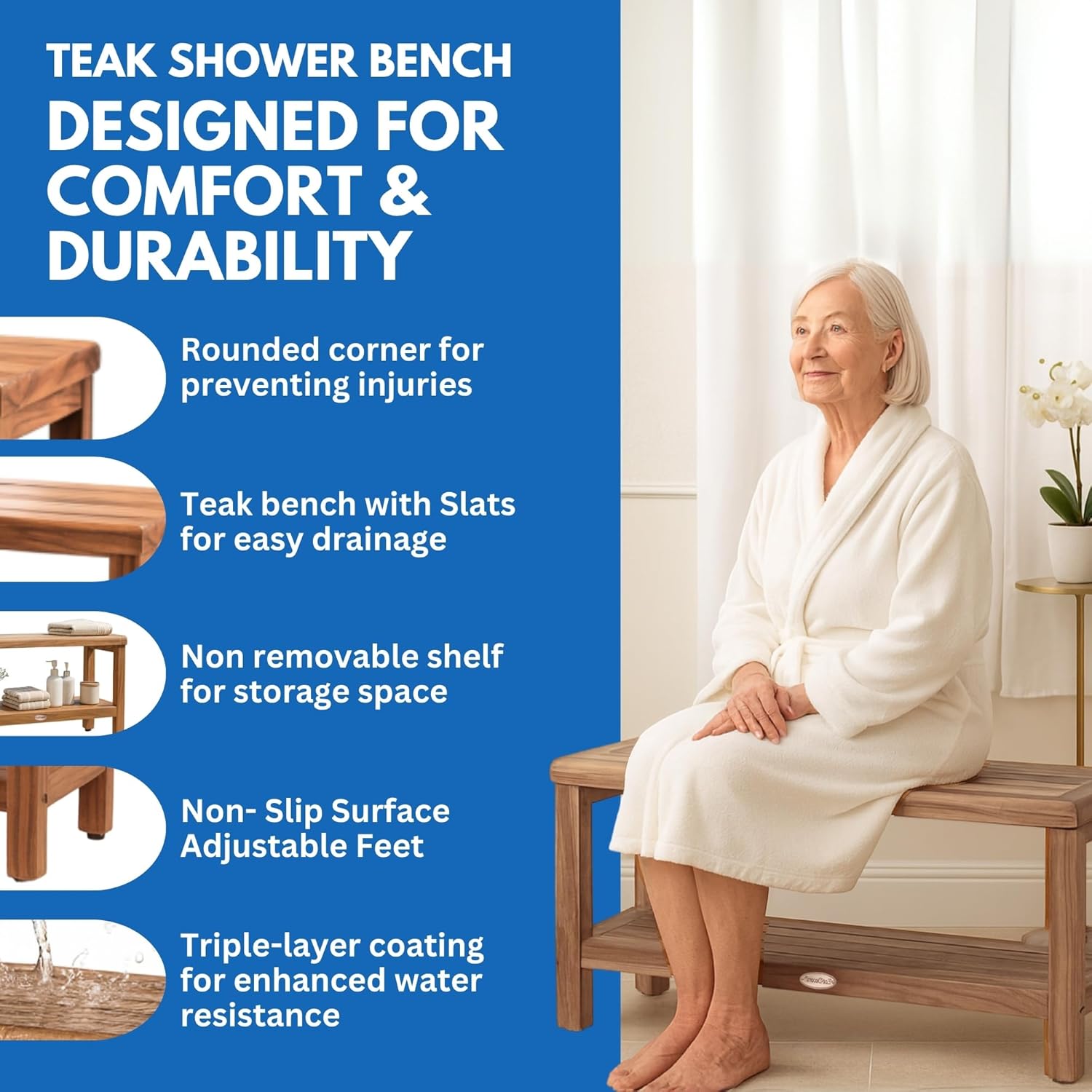 EcoDecors® Eleganto® 36" Teak Wood Shower Bench with Shelf in EarthyTeak® Finish