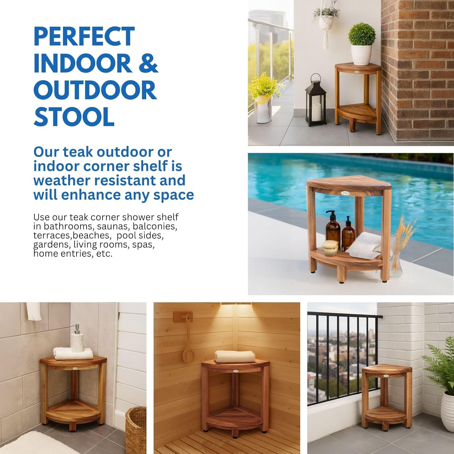 EcoDecors® SnazzyCorner® 18" Teak Wood Corner Footstool with Shelf in EarthyTeak Finish