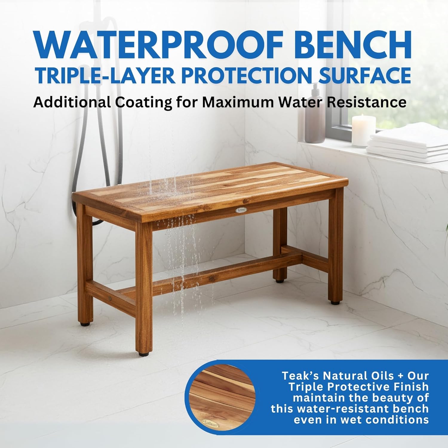 EcoDecors® Eleganto® 47" Teak Wood Shower Bench in EarthyTeak Finish
