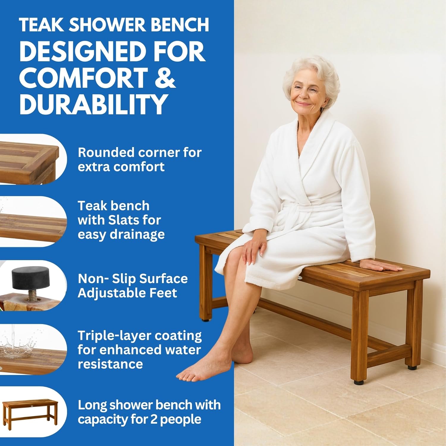 EcoDecors® Eleganto® 47" Teak Wood Shower Bench in EarthyTeak Finish