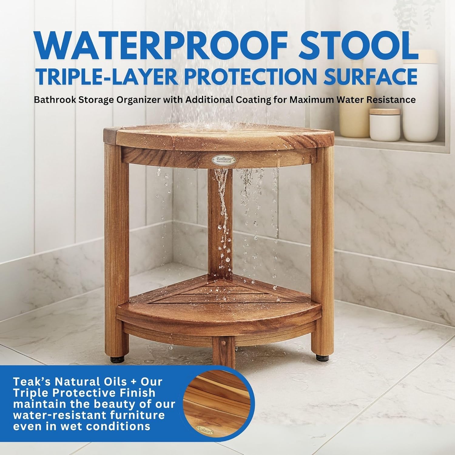EcoDecors Oasis™ 2-Tier Compact Teak Corner Shower Foot Stool With