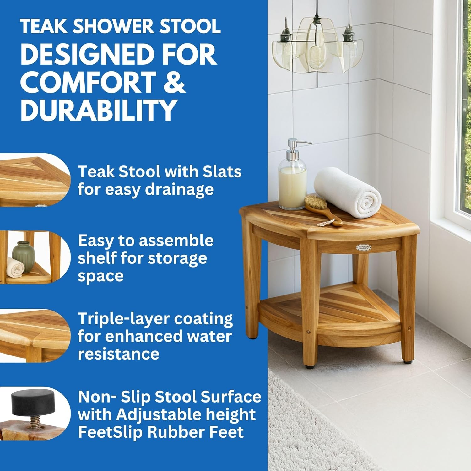 EcoDecors® SnazzyCorner® 18"H Teak Wood Corner Shower Bench with Shelf in EarthyTeak Finish