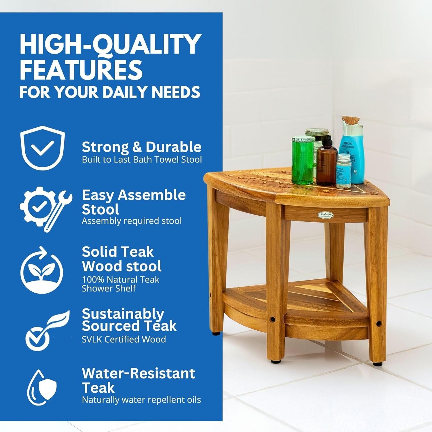 EcoDecors® SnazzyCorner® 18"H Teak Wood Corner Shower Bench with Shelf in EarthyTeak Finish
