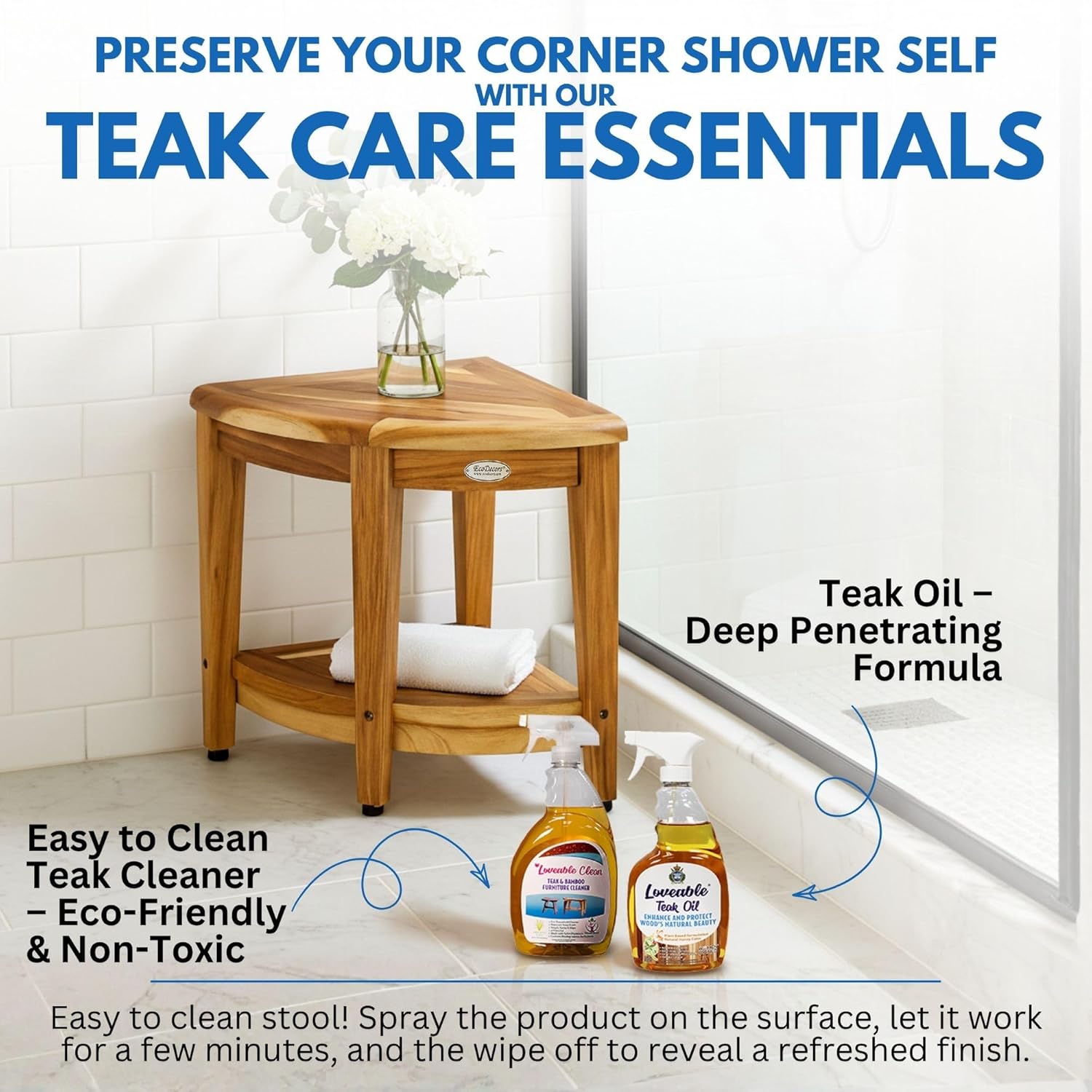 EcoDecors® SnazzyCorner® 18"H Teak Wood Corner Shower Bench with Shelf in EarthyTeak Finish