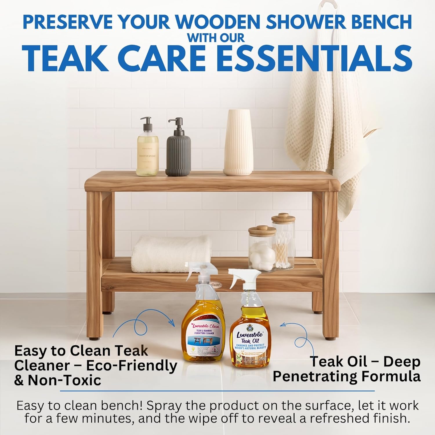 EcoDecors® Eleganto® 36" Teak Wood Shower Bench with Shelf in EarthyTeak® Finish