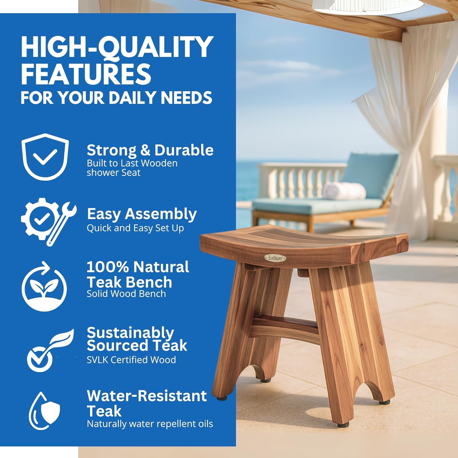 EcoDecors Serenity™ 18 inch Eastern Style Teak Shower Stool