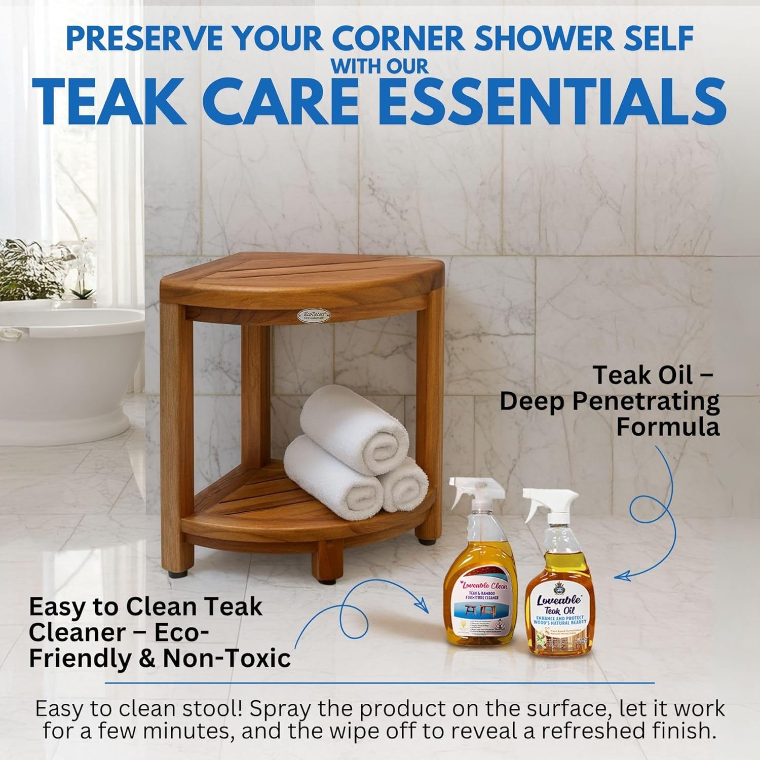 EcoDecors® SnazzyCorner® 18" Teak Wood Corner Footstool with Shelf in EarthyTeak Finish