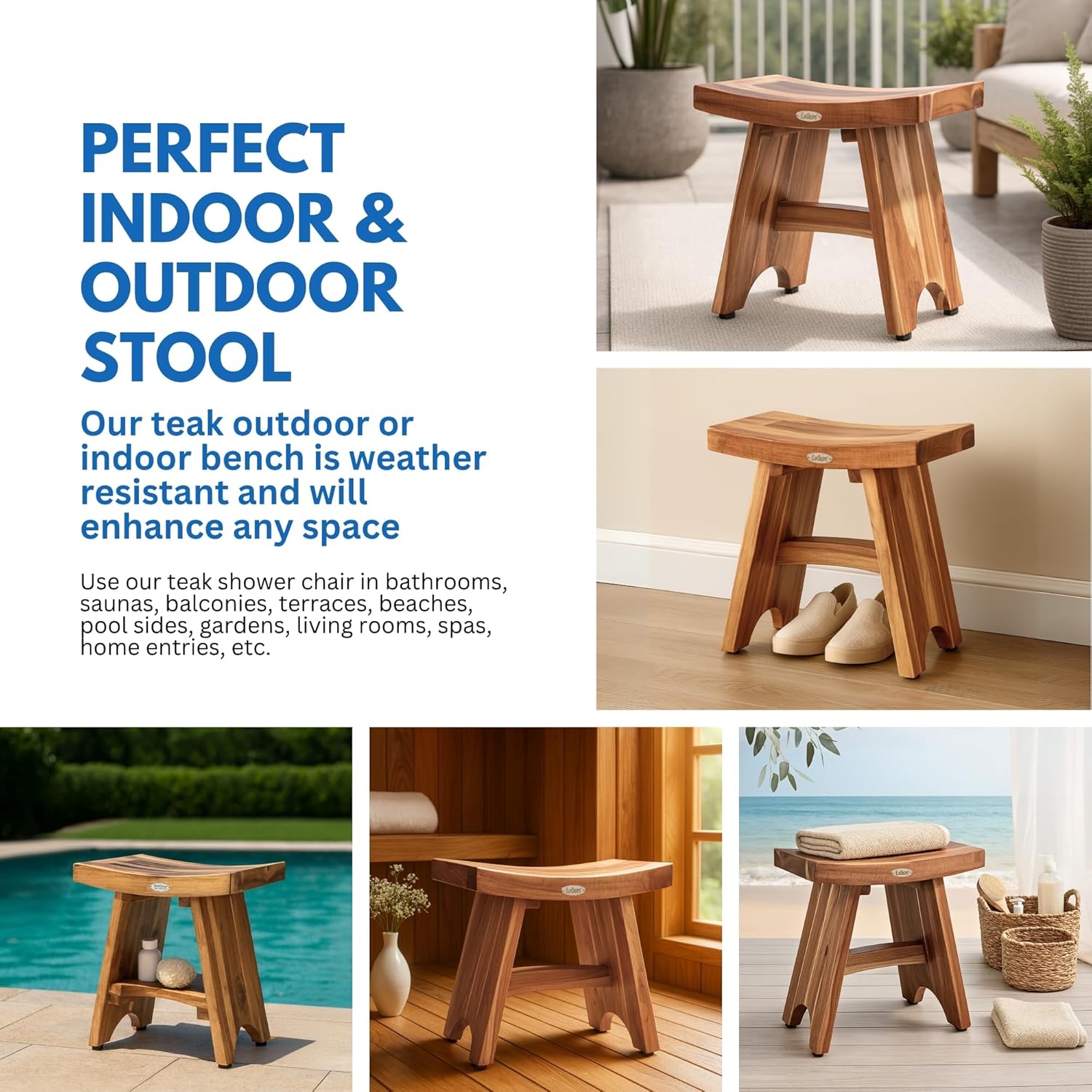 EcoDecors Serenity™ 18 inch Eastern Style Teak Shower Stool