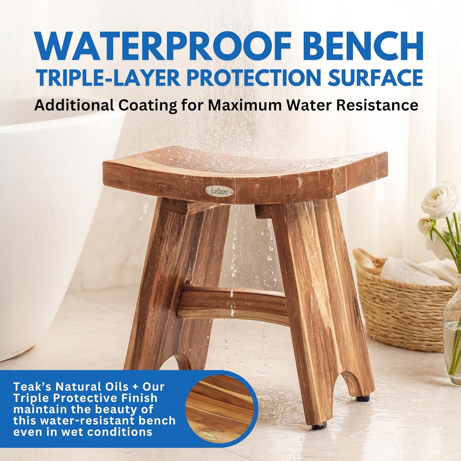 EcoDecors Serenity™ 18 inch Eastern Style Teak Shower Stool