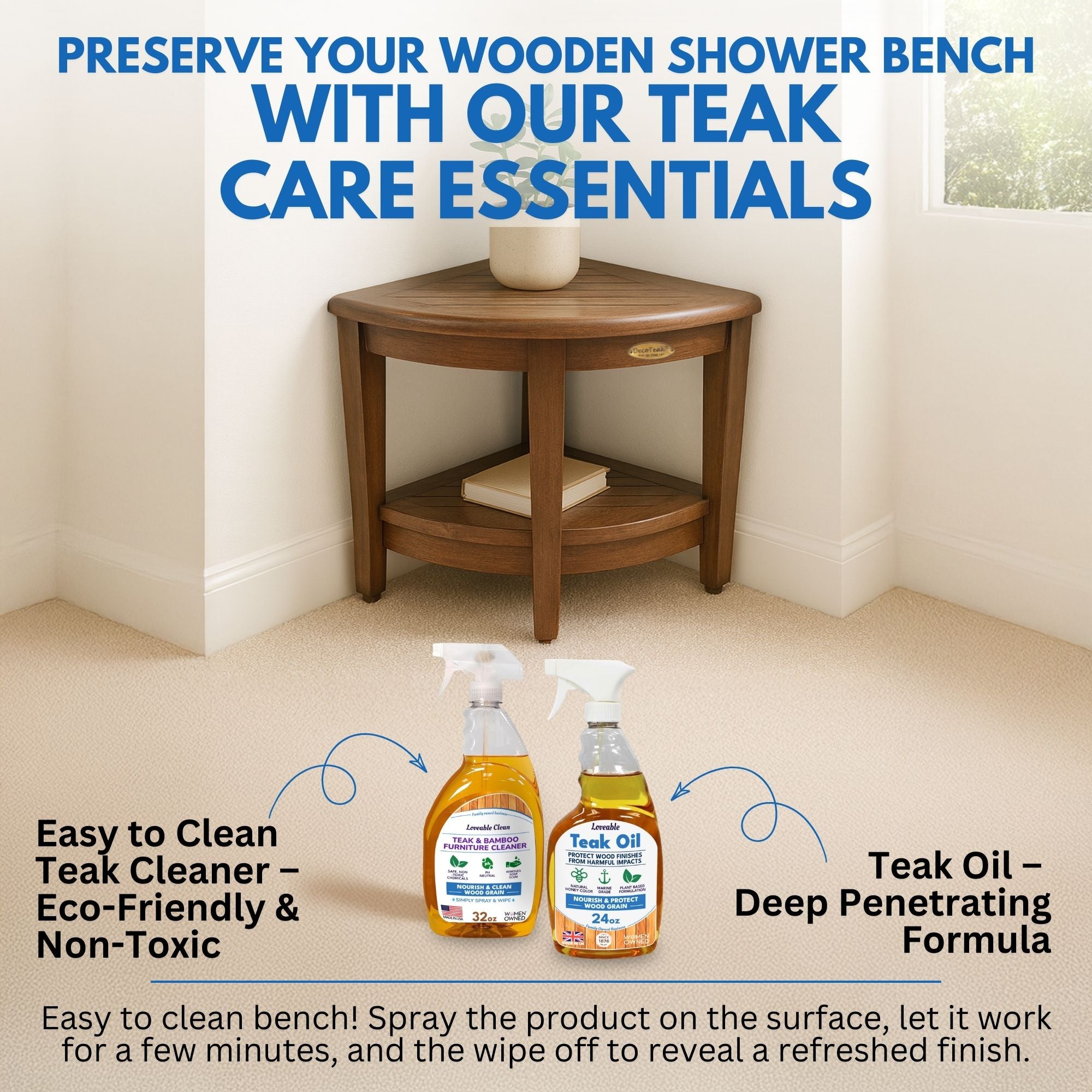 DecoTeak® SnazzyCorner® 18" Teak Wood Wide Corner Shower Bench with Shelf in Woodland Brown Finish