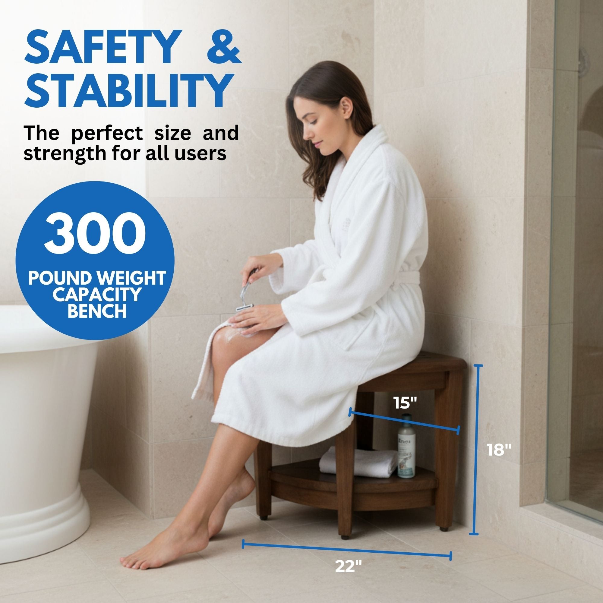 DecoTeak® SnazzyCorner® 18" Teak Wood Wide Corner Shower Bench with Shelf in Woodland Brown Finish