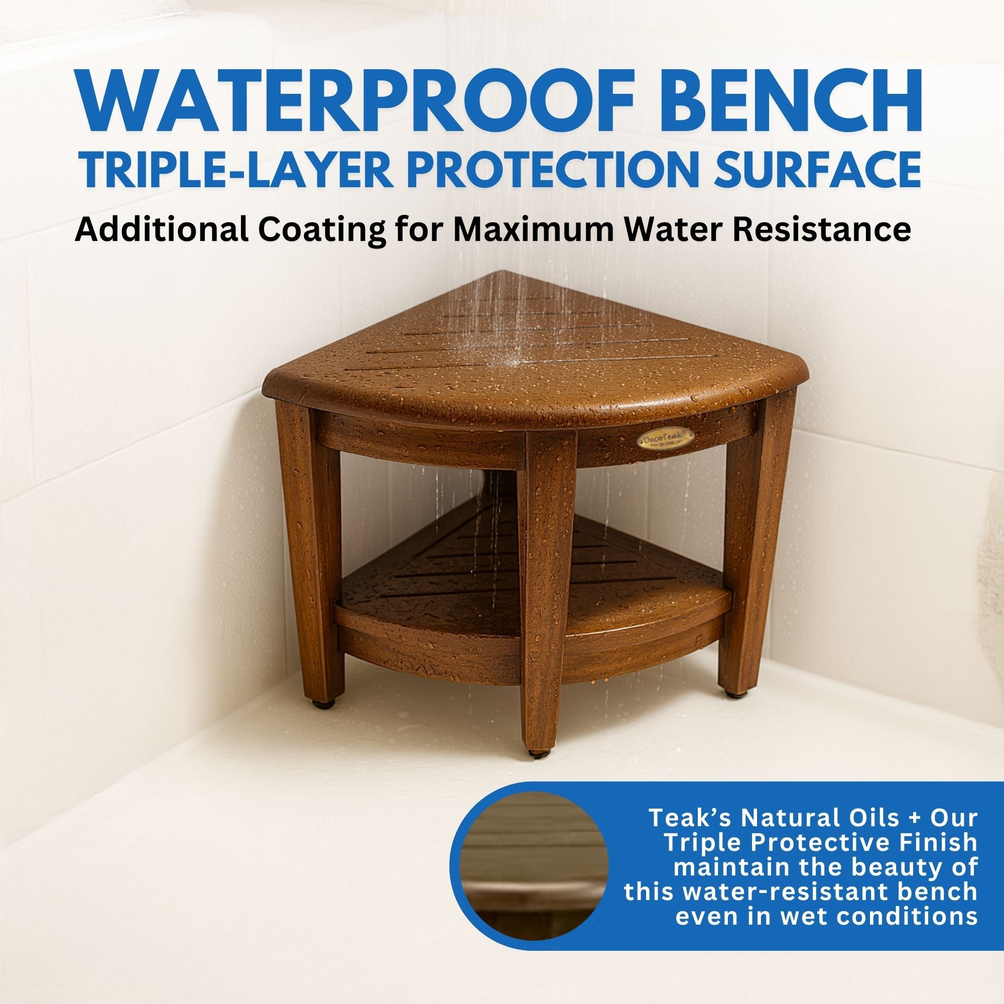 DecoTeak® SnazzyCorner® 18" Teak Wood Wide Corner Shower Bench with Shelf in Woodland Brown Finish