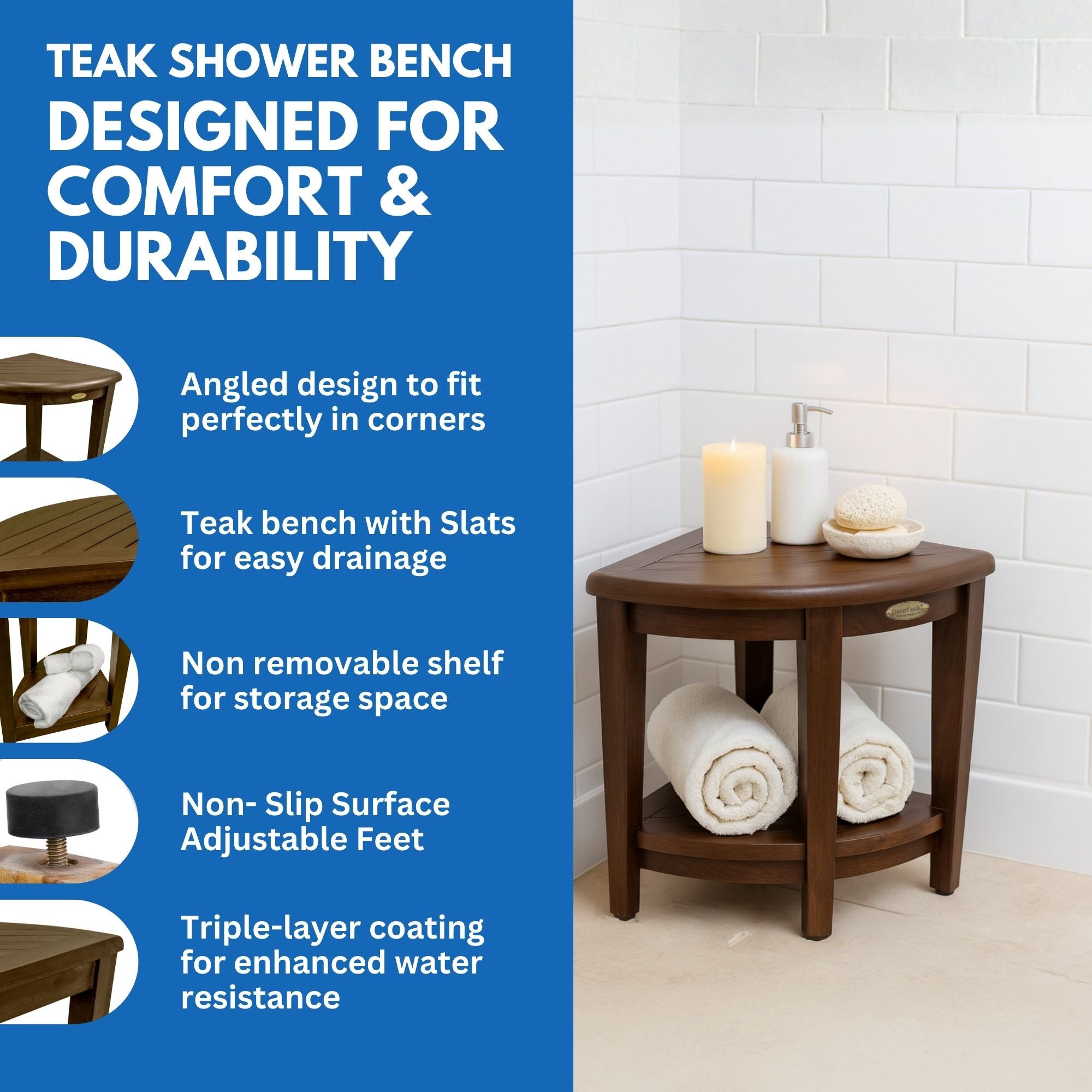 DecoTeak® SnazzyCorner® 23" Teak Wood Extended Height Corner Shower Bench with Shelf in Woodland Brown Finish - Extended Height
