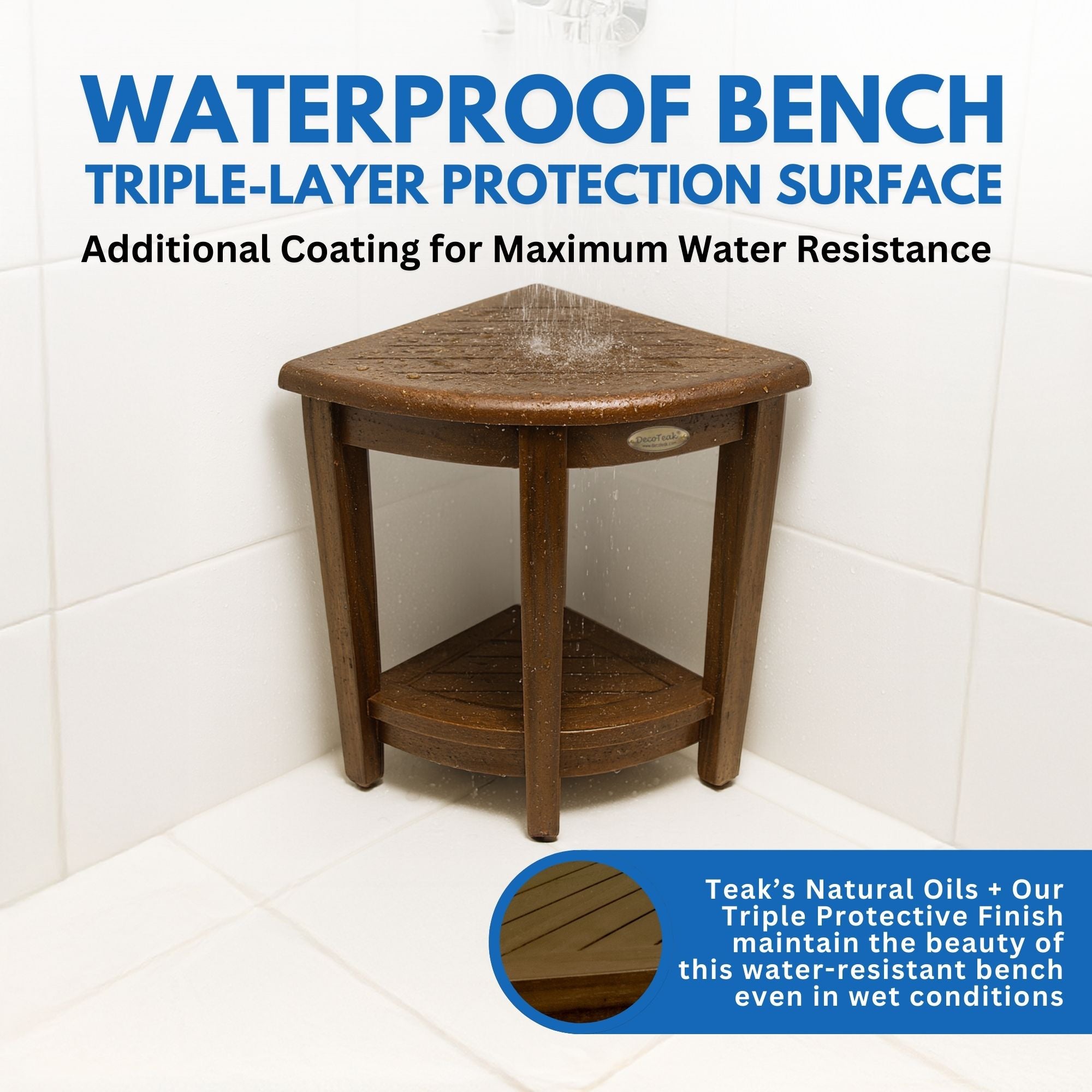DecoTeak® SnazzyCorner® 23" Teak Wood Extended Height Corner Shower Bench with Shelf in Woodland Brown Finish - Extended Height