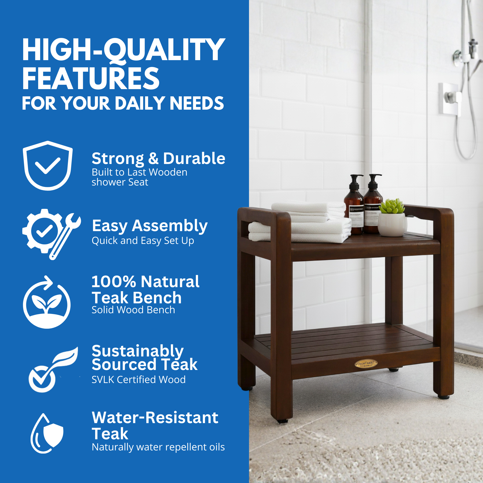 EcoDecors® Eleganto® 20" Teak Wood Shower Bench with LiftAide® Arms and Shelf in EarthyTeak Finish