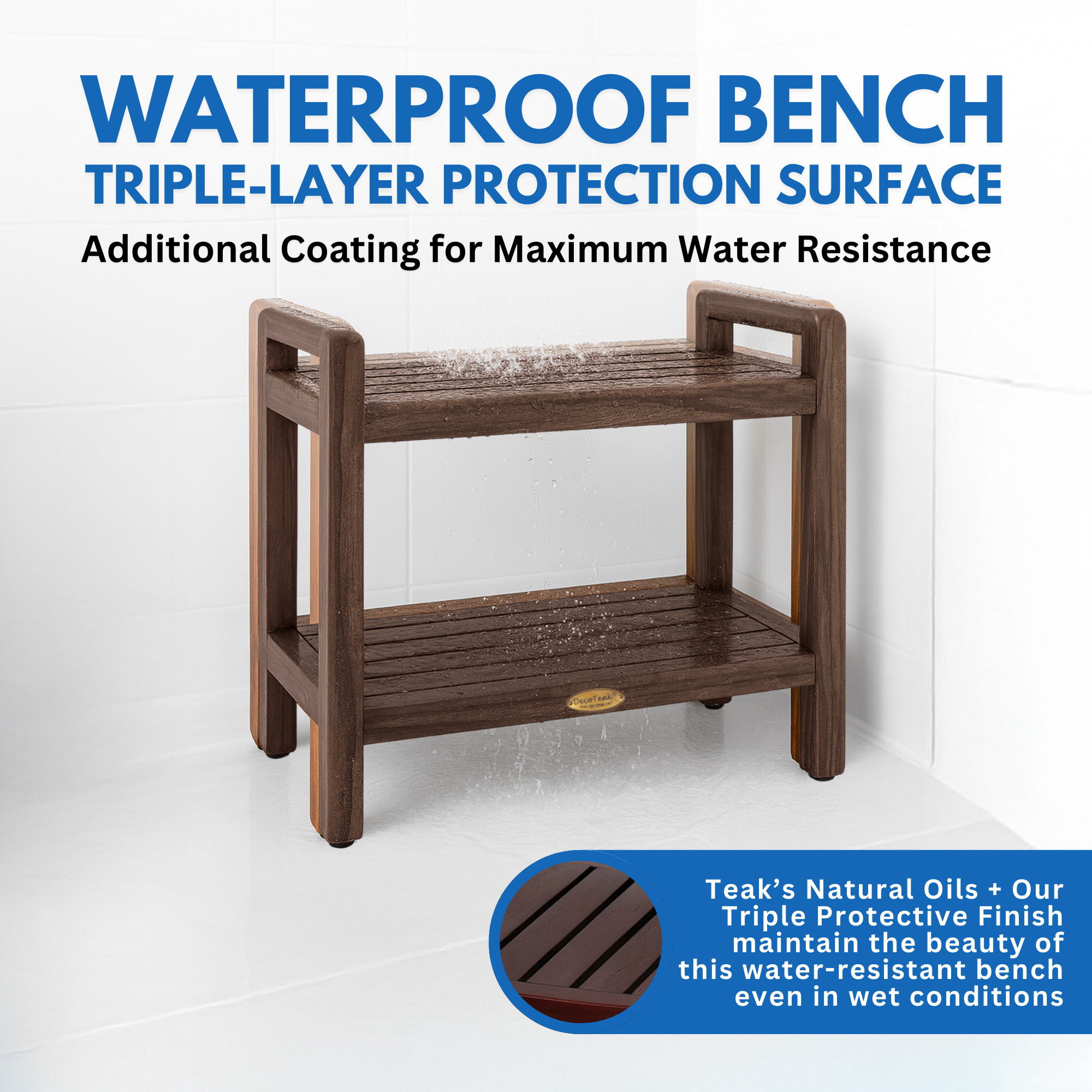 EcoDecors® Eleganto® 20" Teak Wood Shower Bench with LiftAide® Arms and Shelf in EarthyTeak Finish