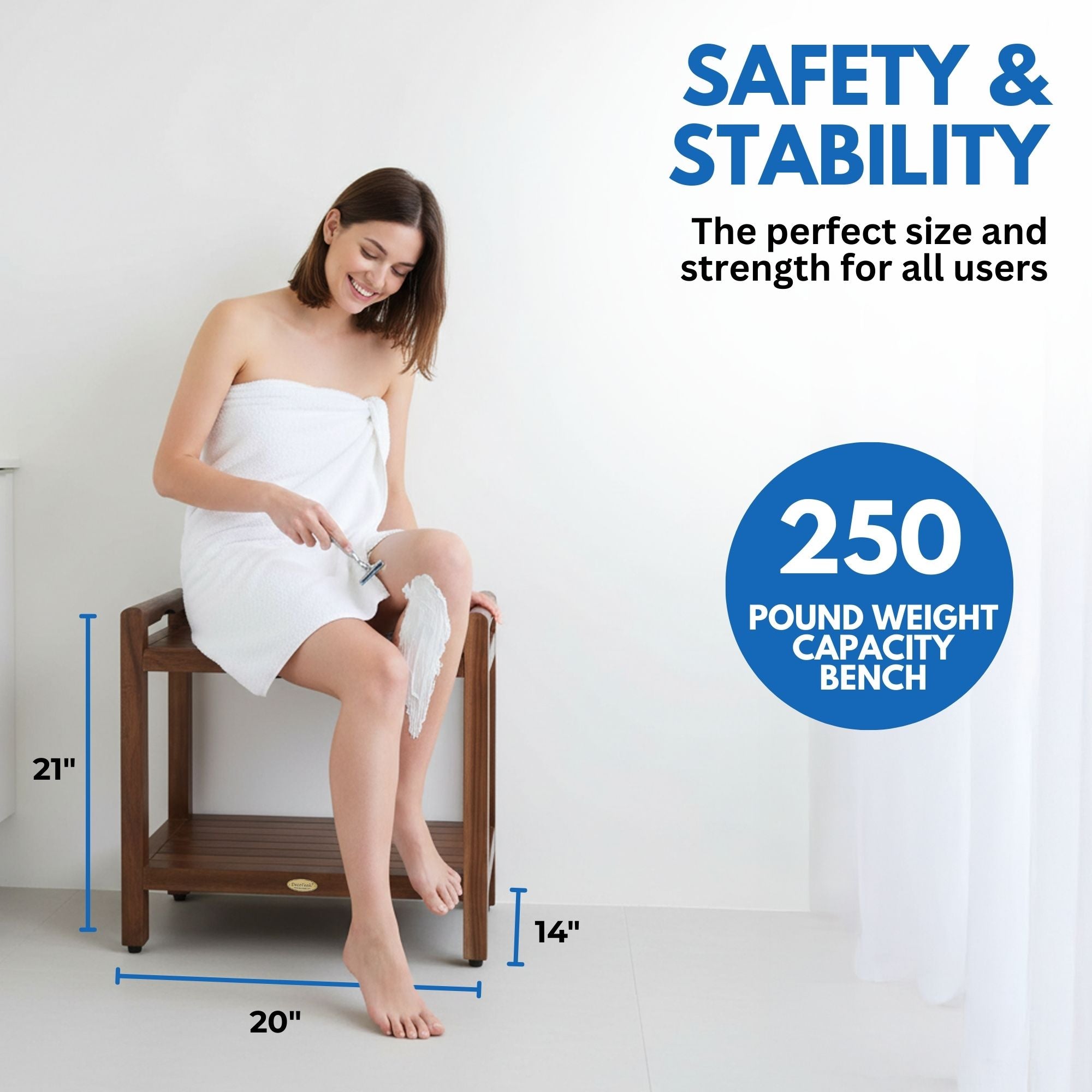 DecoTeak® Eleganto® 20" Teak Wood Shower Bench with LiftAide® Arms in Woodland Brown Finish