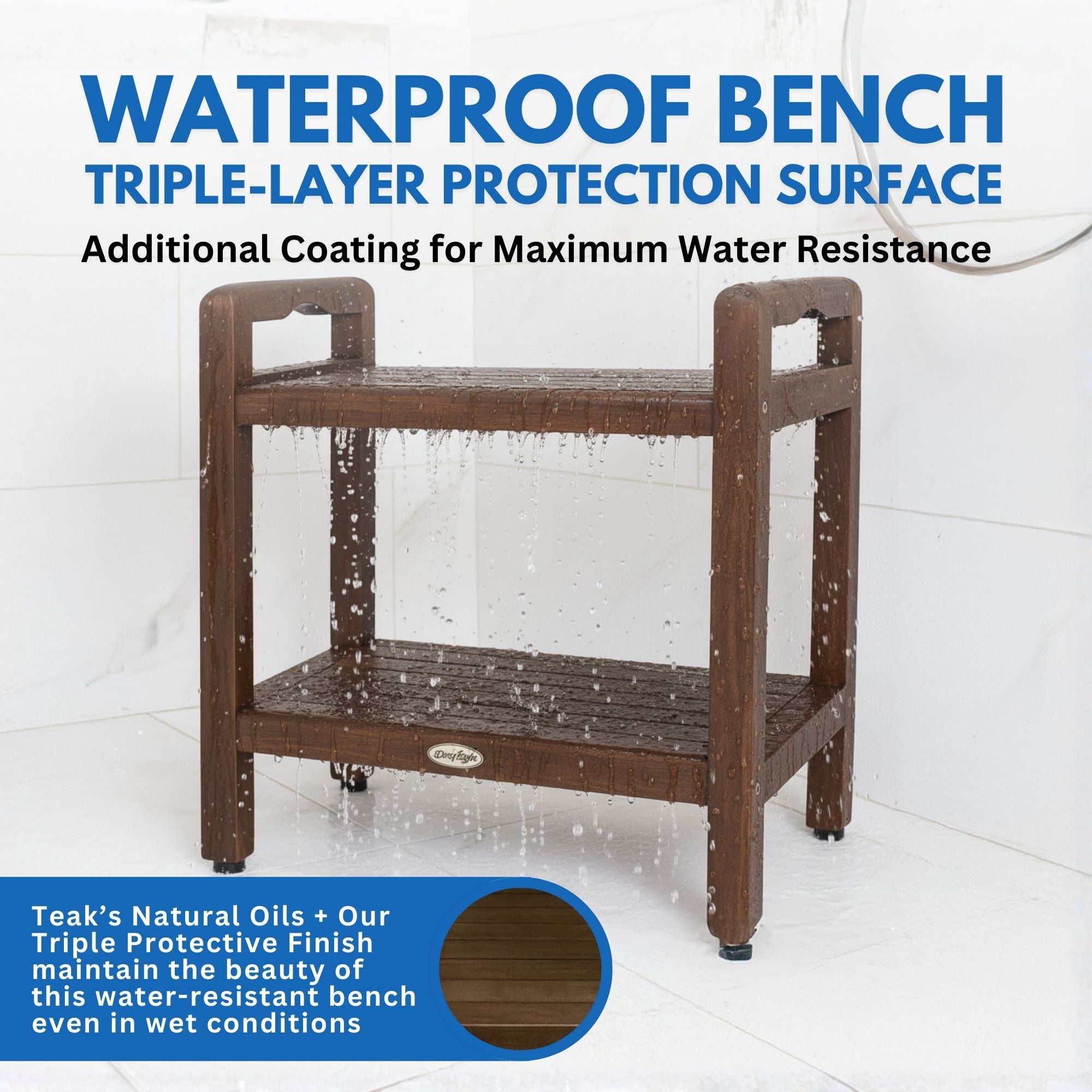 DecoTeak® Eleganto® 20" Teak Wood Shower Bench with LiftAide® Arms in Woodland Brown Finish