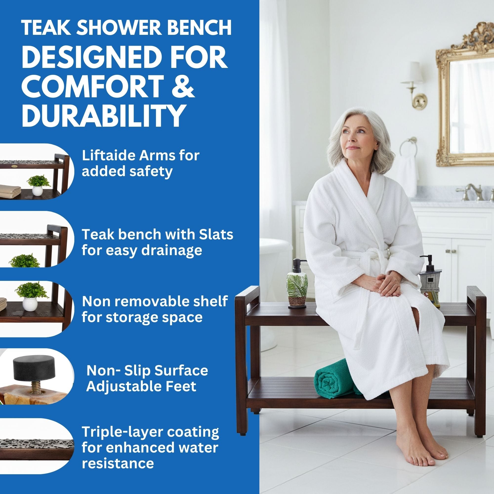 DecoTeak Eleganto 35"L Teak Wood Shower Bench with LiftAide Arms and Shelf in Woodland Brown Finish