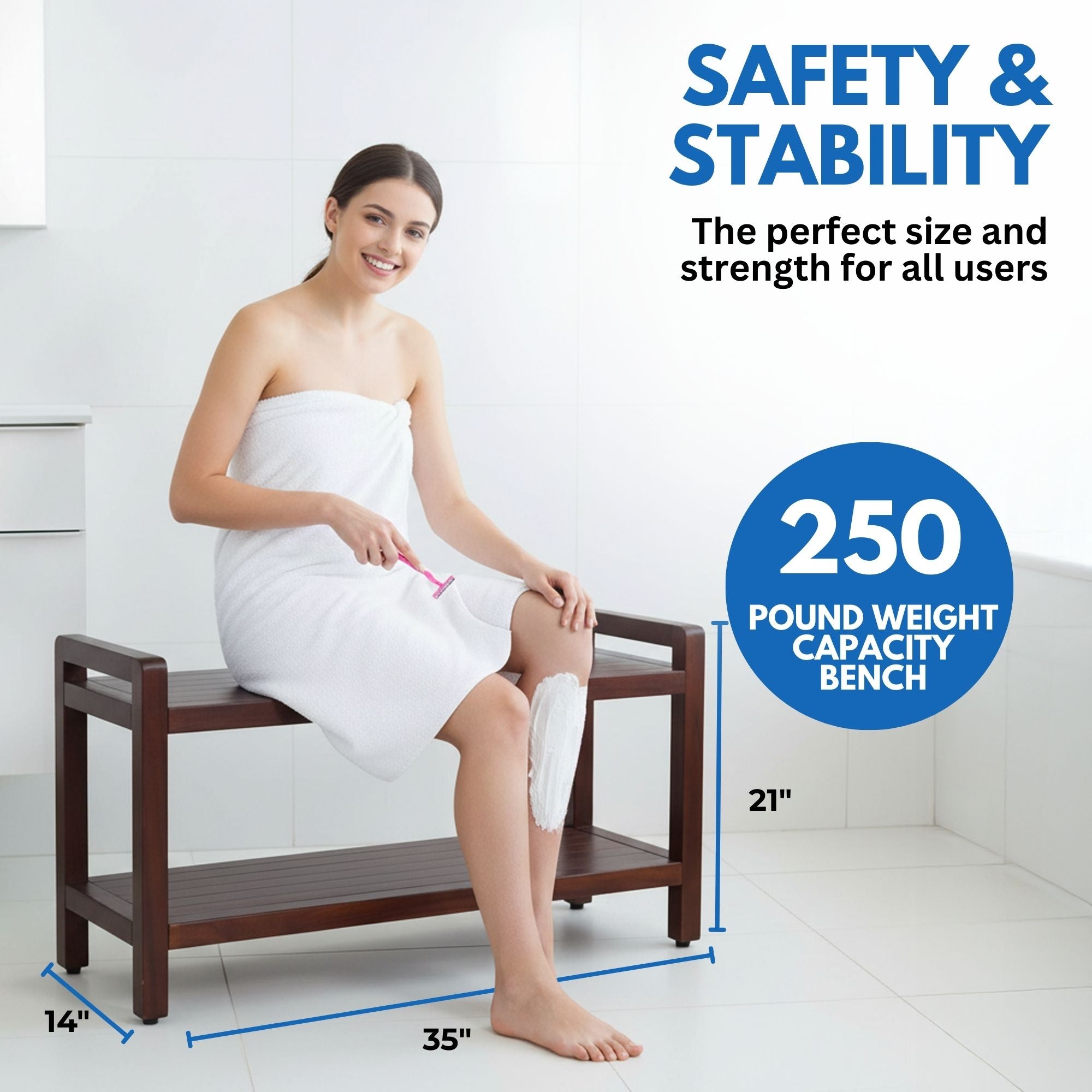 DecoTeak Eleganto 35"L Teak Wood Shower Bench with LiftAide Arms and Shelf in Woodland Brown Finish