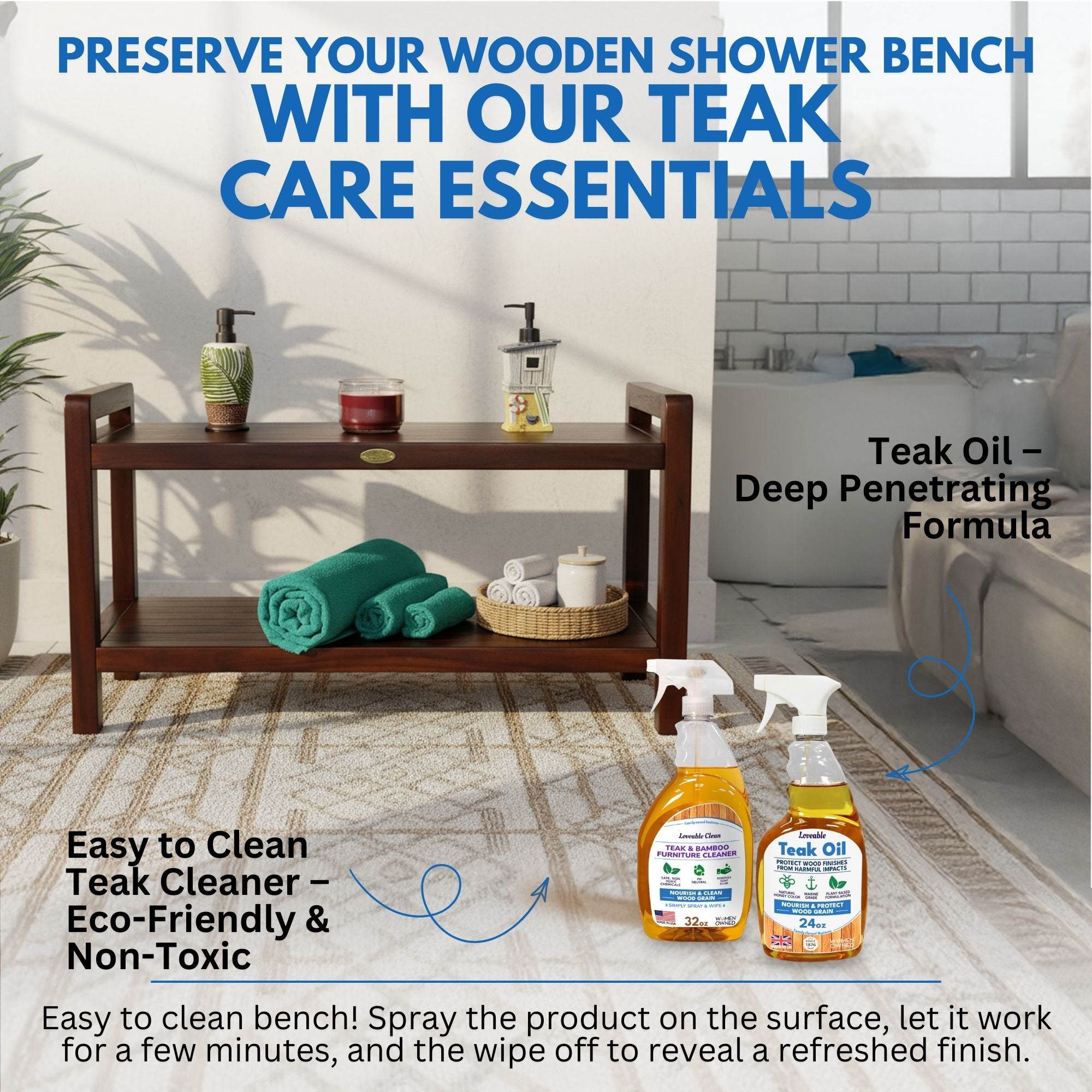 DecoTeak Eleganto 35"L Teak Wood Shower Bench with LiftAide Arms and Shelf in Woodland Brown Finish