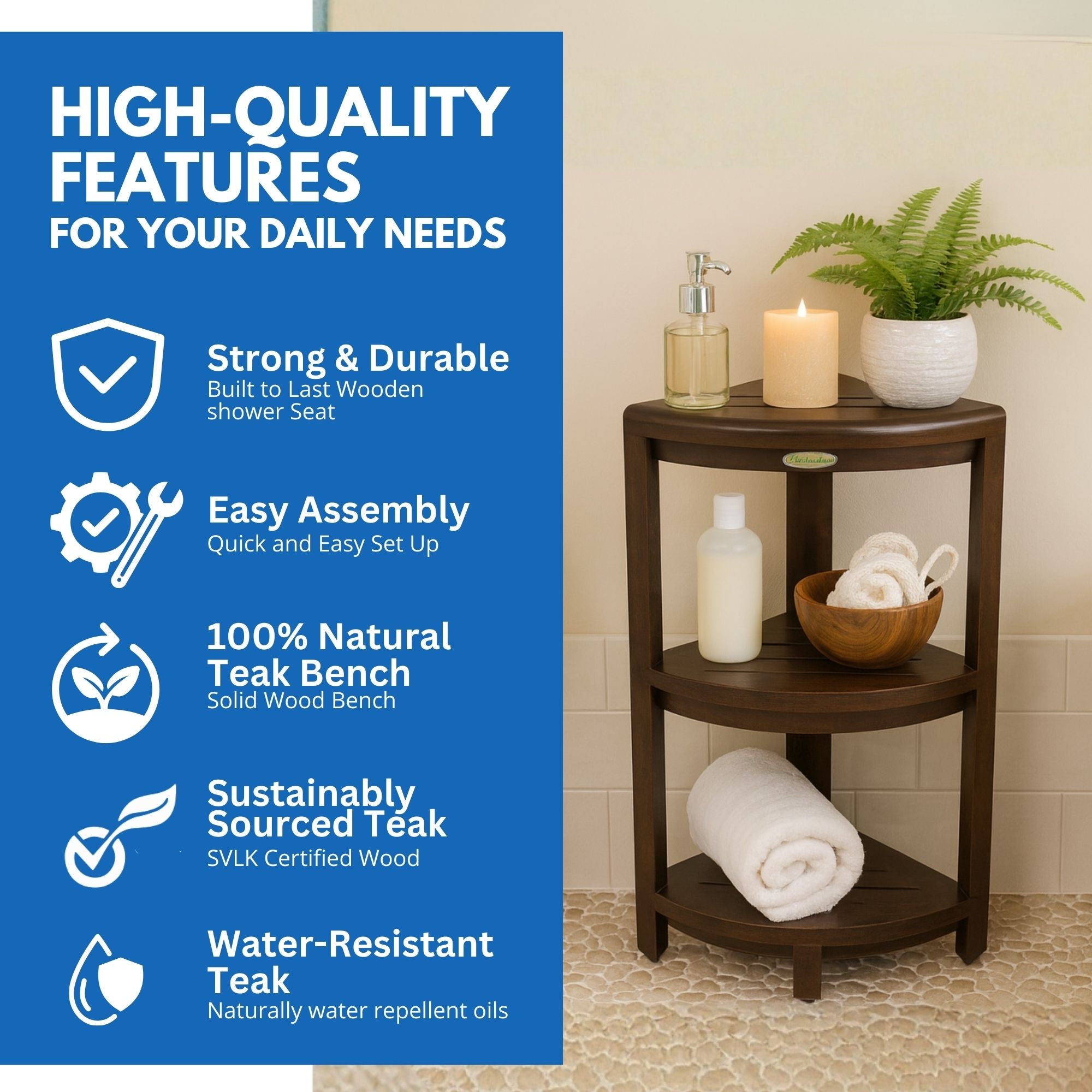 DecoTeak® SnazzyCorner® 33" Teak Wood 3-Tier Corner Shelf in Woodland Brown Finish