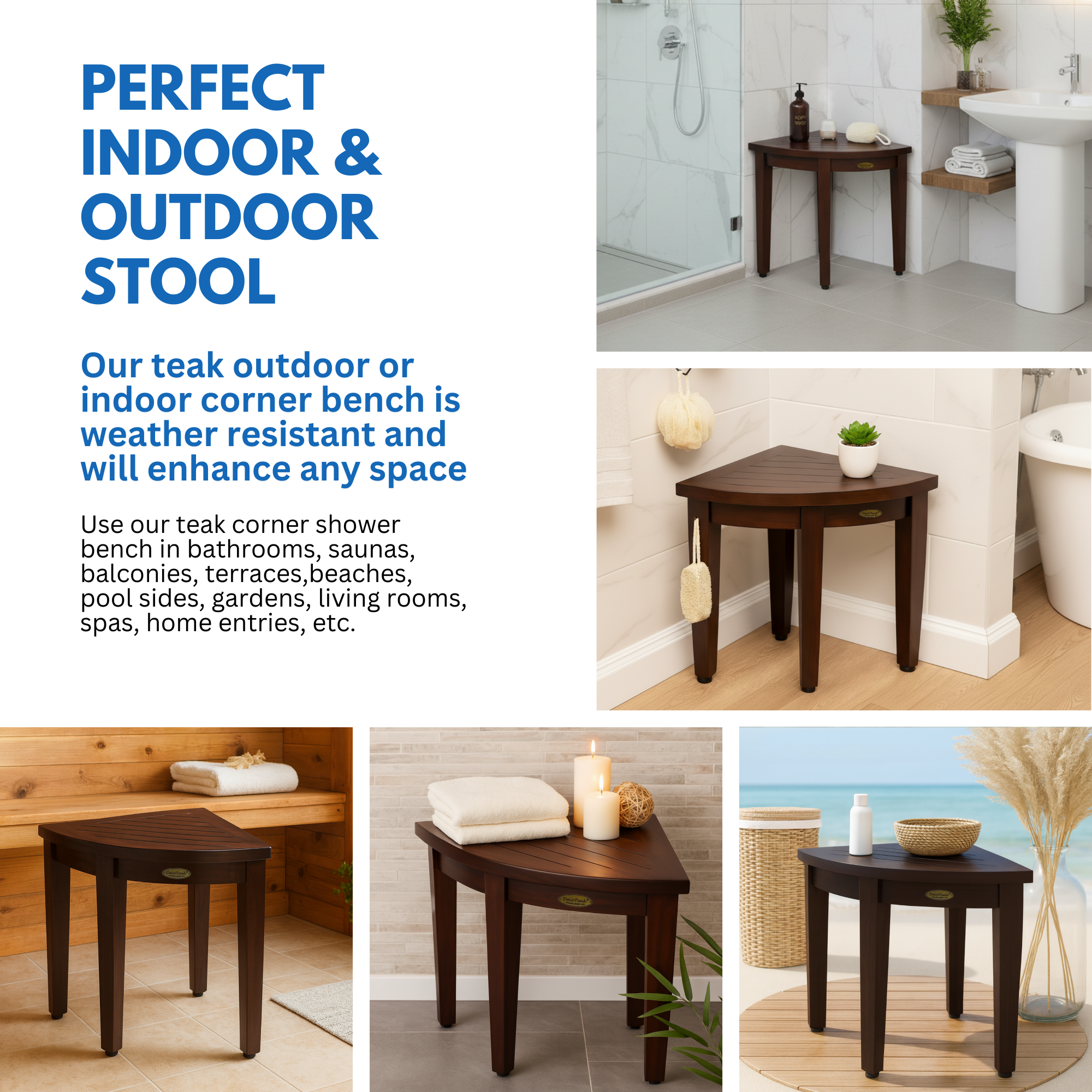 DecoTeak® SnazzyCorner® 18" Teak Wood Shower Corner Stool in Woodland Brown Finish