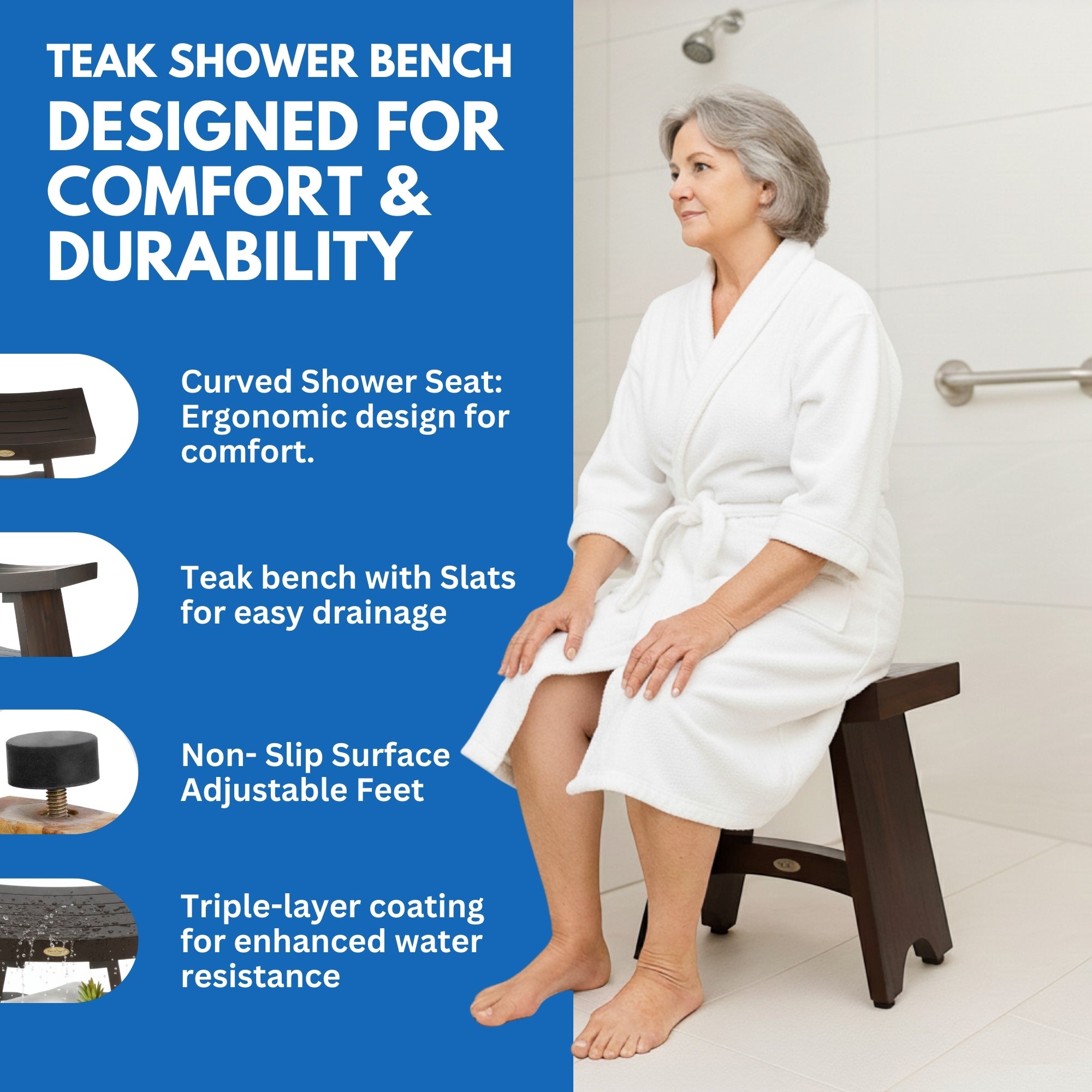 DecoTeak® Serenity® 18" Teak Wood Shower Bench in Woodland Brown Finish