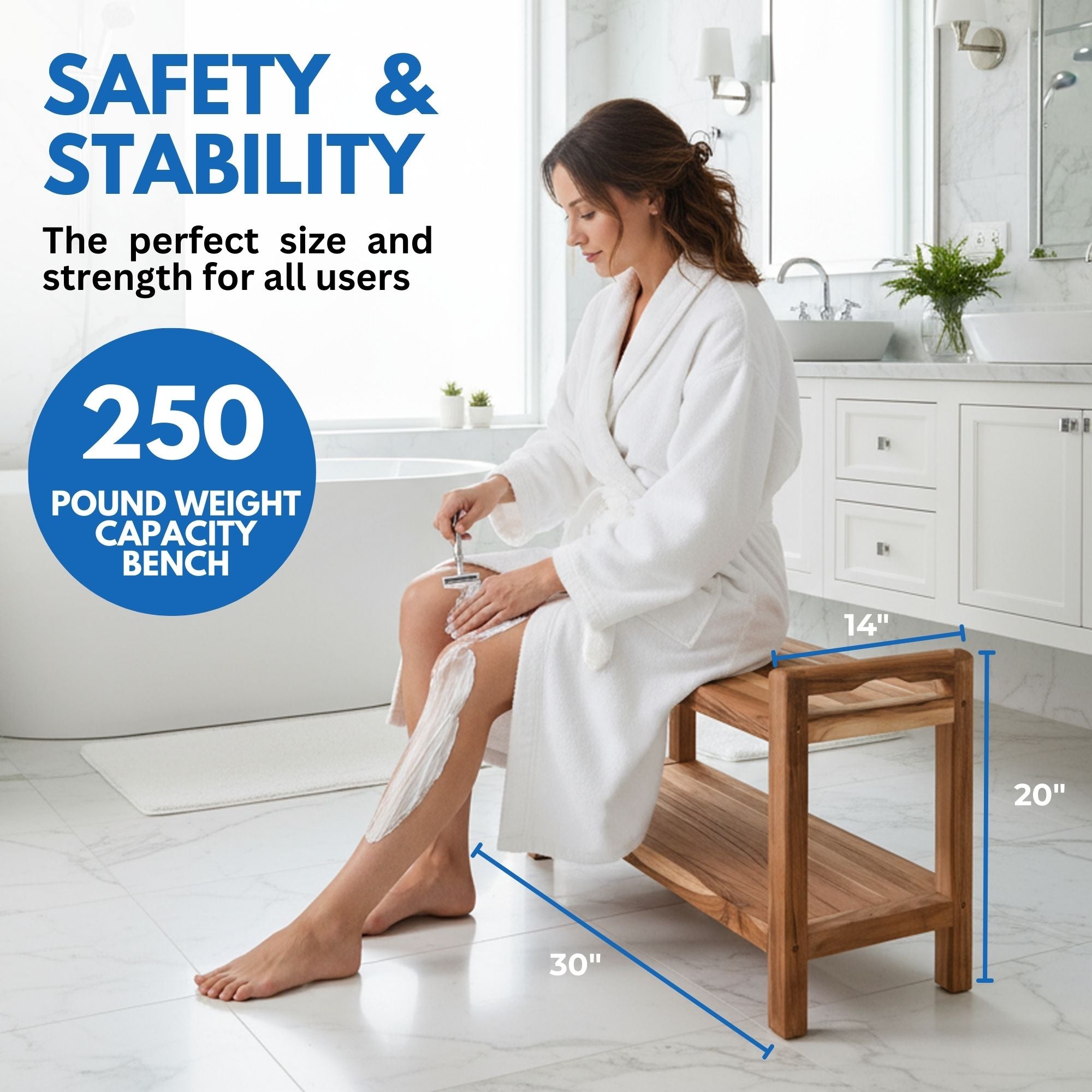 EcoDecors® Eleganto® 30" Teak Wood Shower Bench with LiftAide® Arms and Shelf in EarthyTeak® Finish