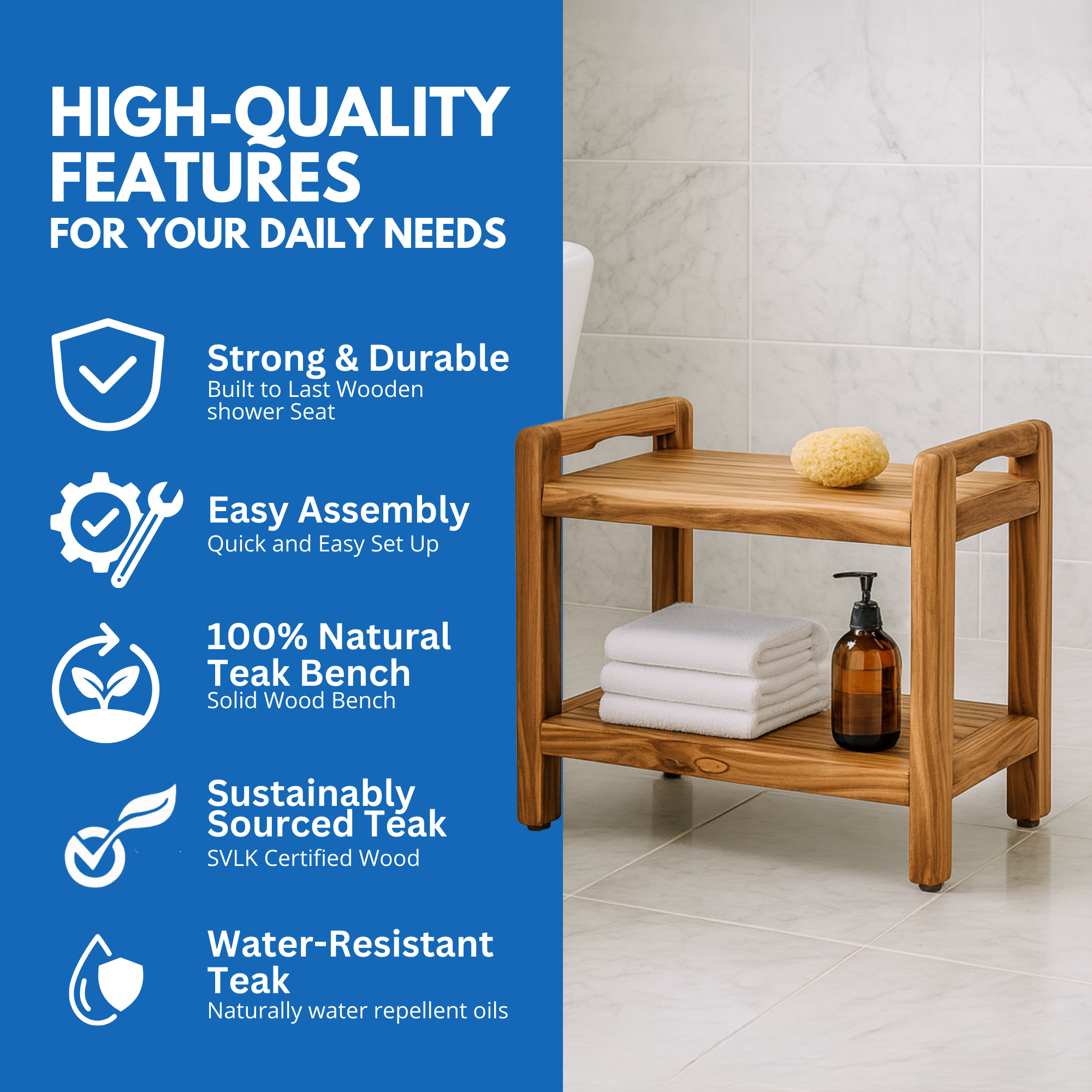 EcoDecors® Eleganto® 30" Teak Wood Shower Bench with LiftAide® Arms and Shelf in EarthyTeak® Finish