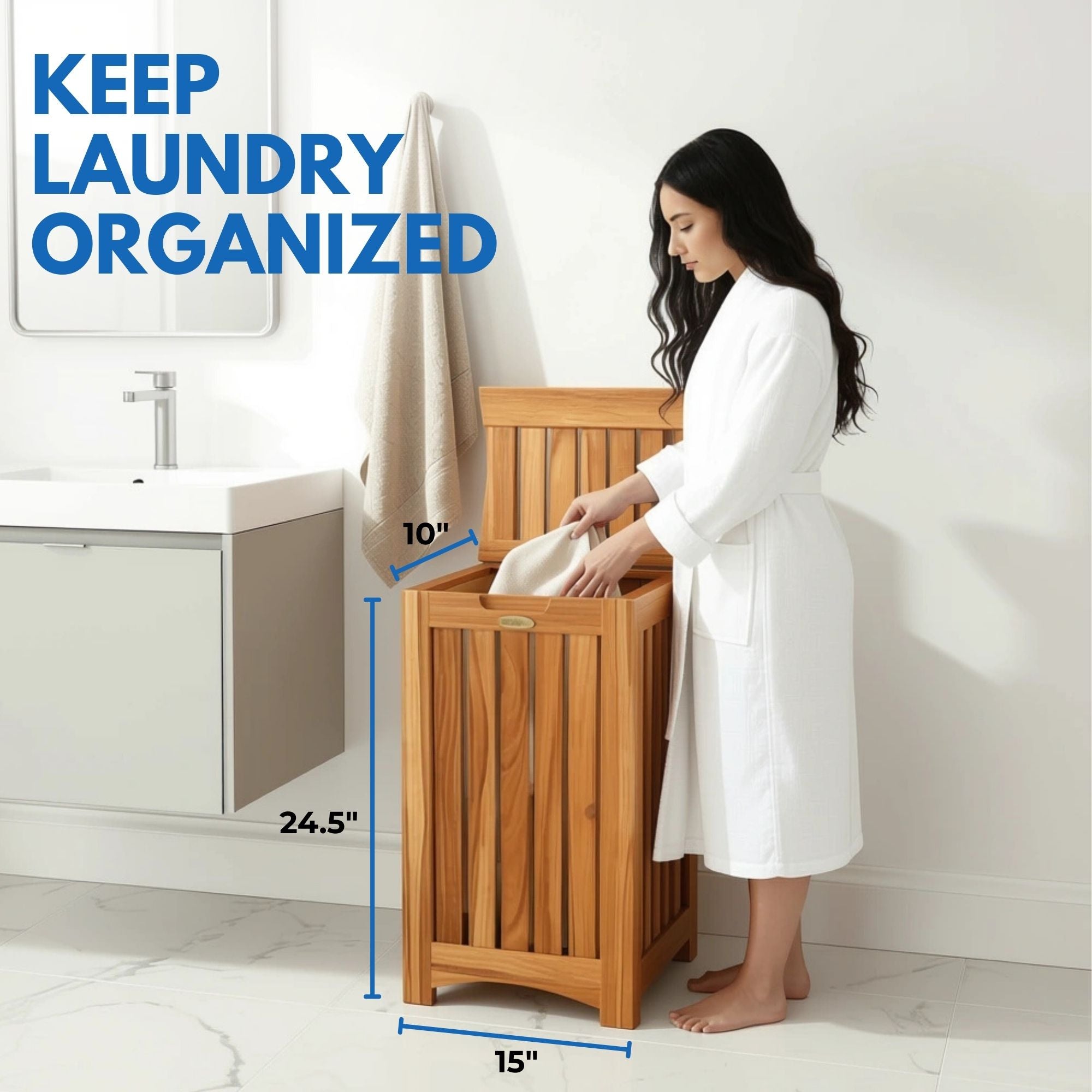 EcoDecors® Eleganto® 24"Teak Wood Compact Double Laundry Storage Hamper with Removable Bags in EarthyTeak Finish