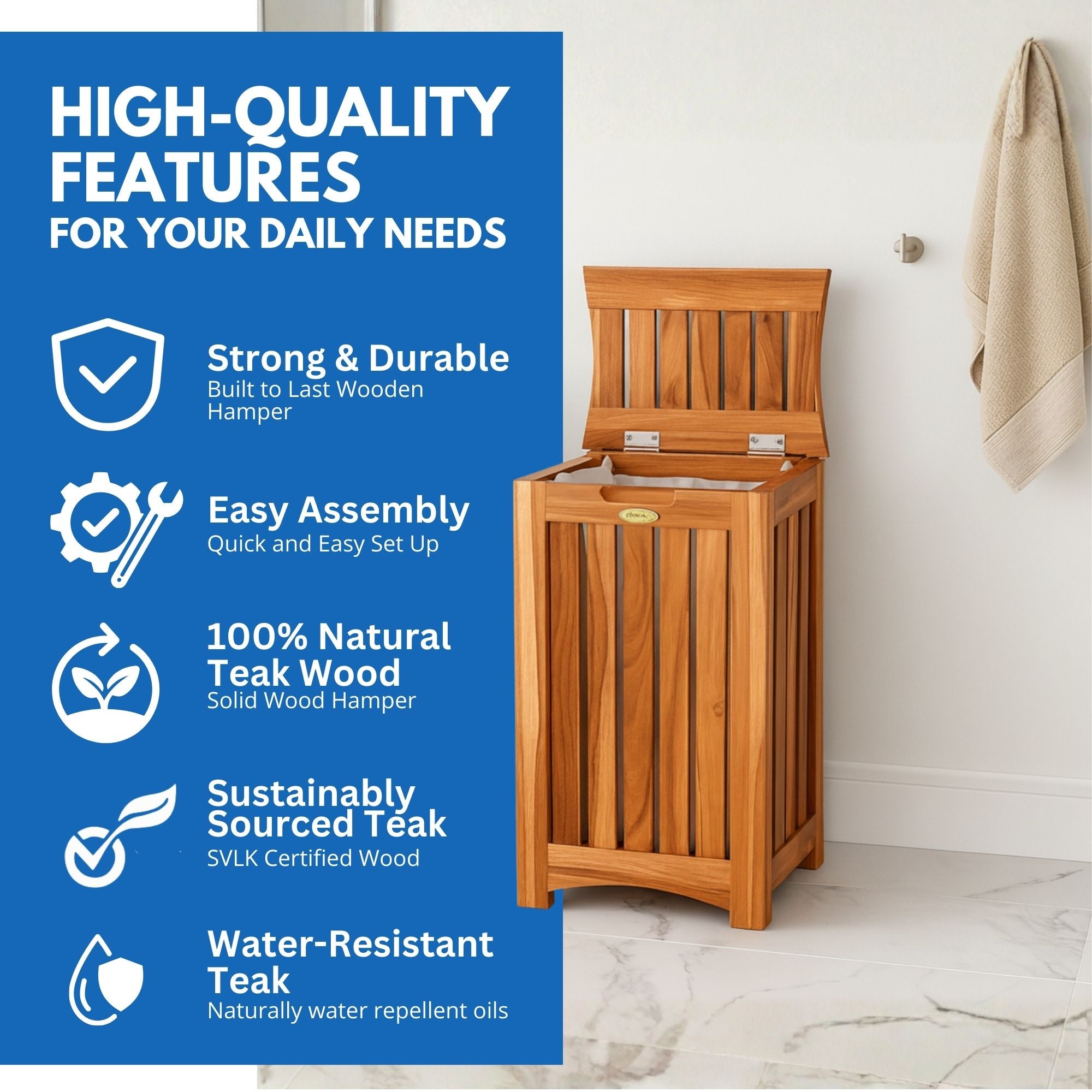 EcoDecors® Eleganto® 24"Teak Wood Compact Double Laundry Storage Hamper with Removable Bags in EarthyTeak Finish